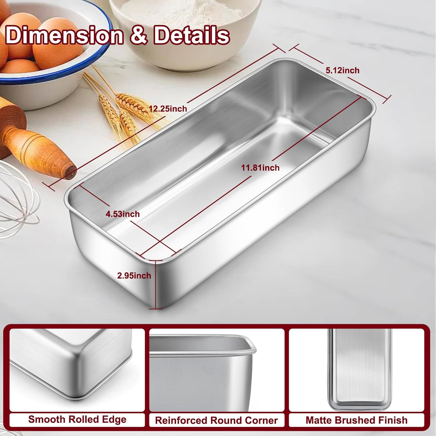 LIANYU 4 Pack 12 x 5 Inch Stainless Steel Loaf Pans, Large Bread Baking Pans Set for Lasagna, Meat, Cake, Brownies, Ice Cream, Healthy & Durable, Dishwasher & Freezer Safe - Image 2