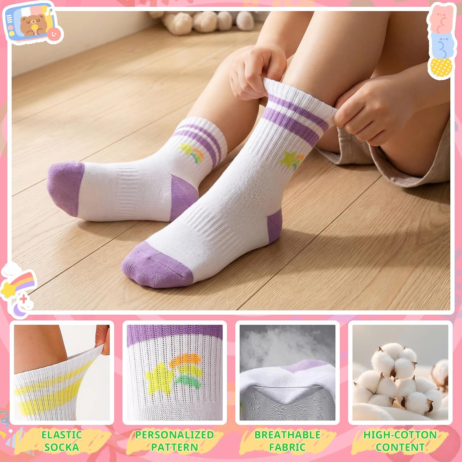 6 Pairs Kids Girls Crew Socks, Cute Stripe Heart Basketball Sock Cotton Athletic Calf Sock for Kid Aged 6-8/9-13