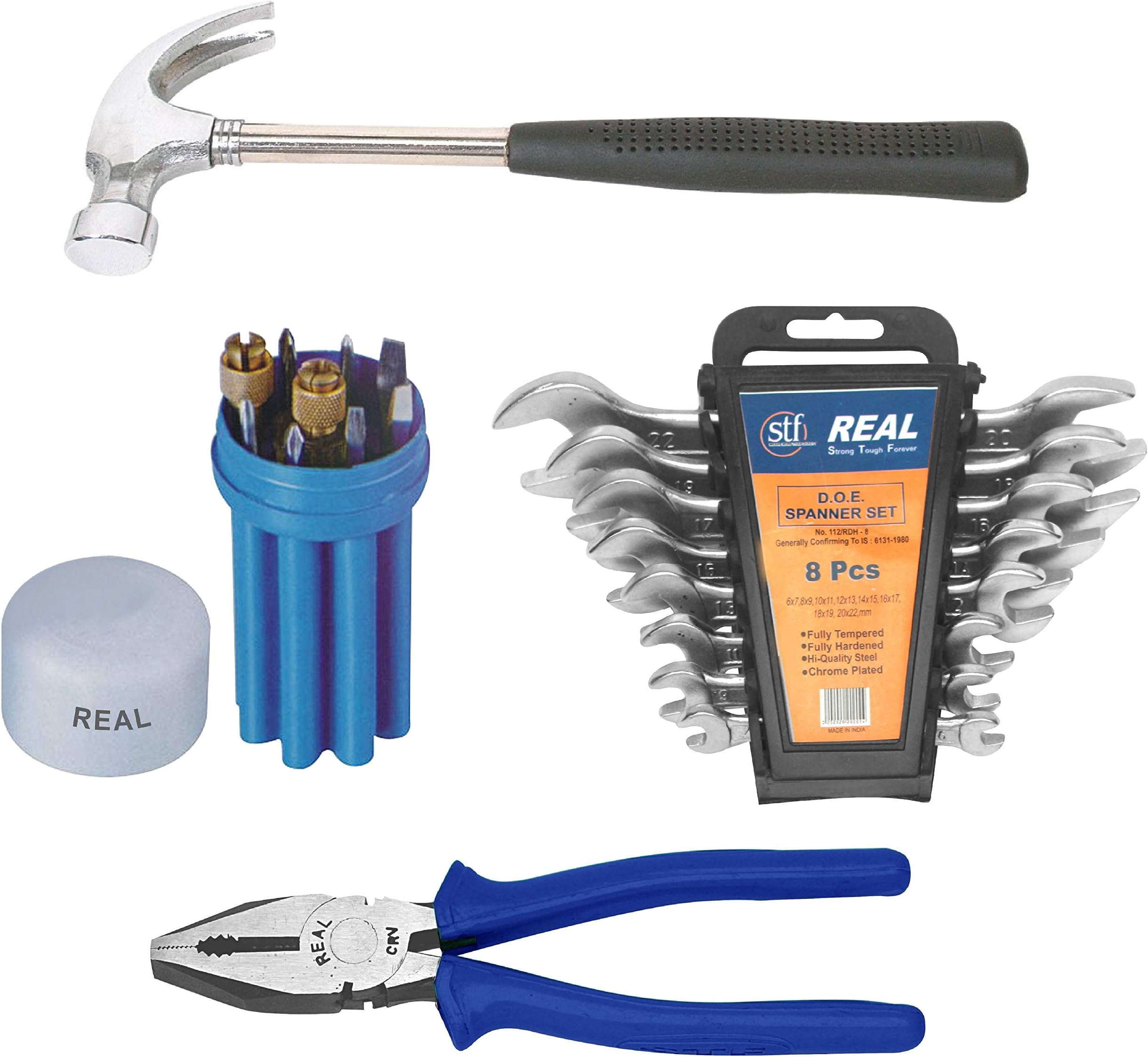 Real stf Multi Hand Tool Kit 19 Pieces, 8 Pieces Set of Double Open End Spanners with Hanging Tray, Combination Plier 8", Claw Hammer Steel Shaft 1/2 LB, 8 Pieces Set of Screw Driver Kit Hand Tool Kit