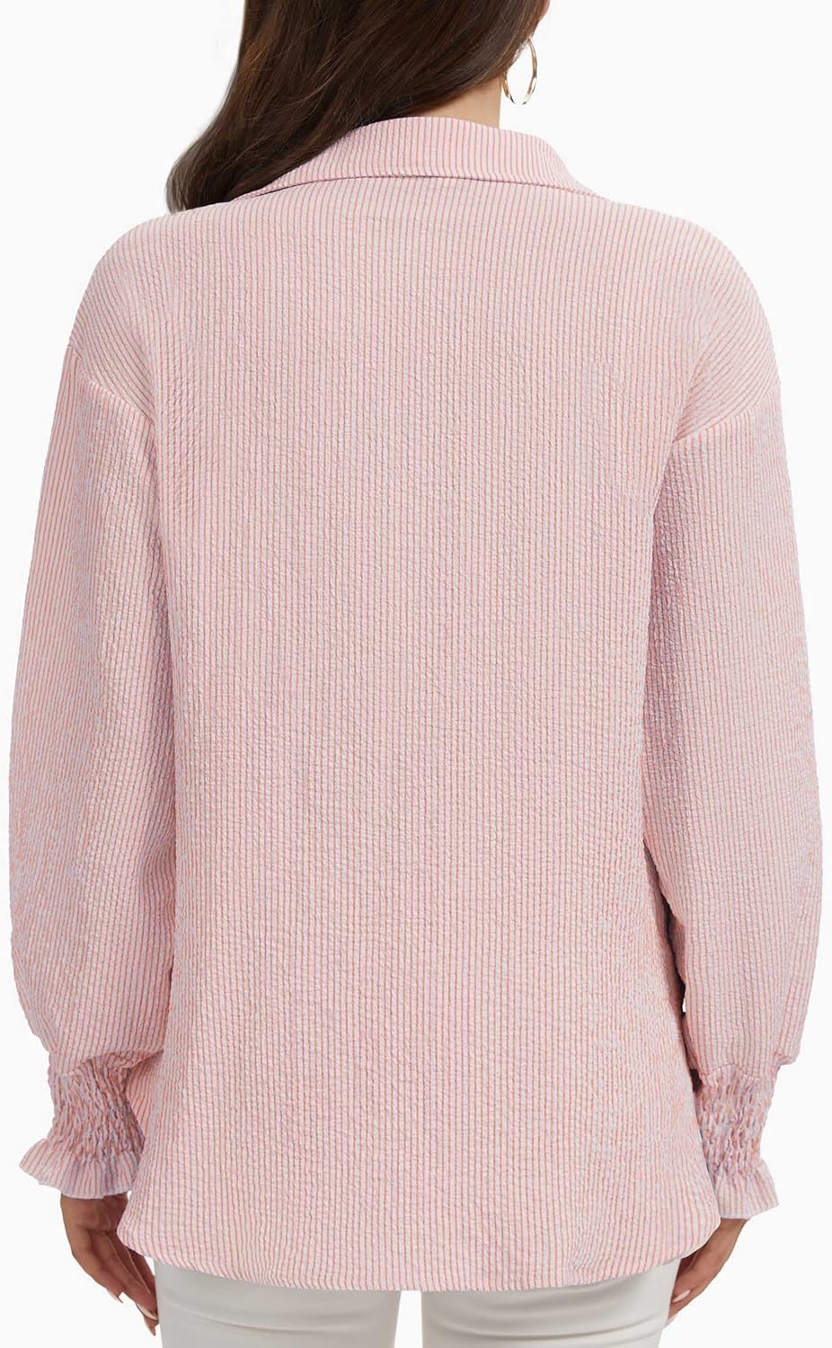 WEACZZY Women's Striped Button Down Shirts Long Sleeve Smocked Cuffed Oversized Boyfriend Blouses Collared Causal Tops - Image 4