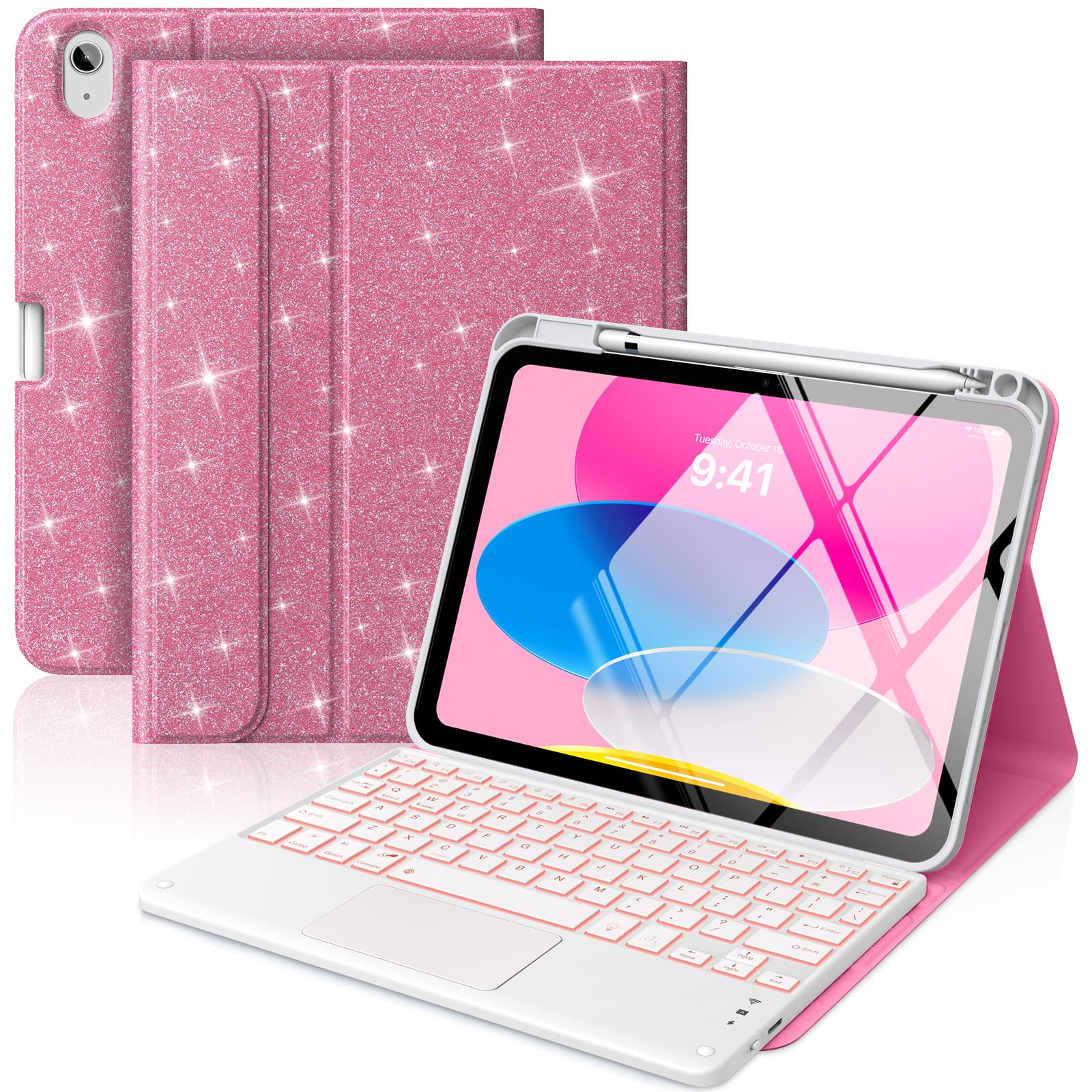 MoKo Touch Keyboard Case for iPad (A16) 11th/10th Gen,Ros Bri | 7 Colors Backlit, Multi-TrackPad, with Pencil Holder, Auto Wake/Sleep, Compatible with iPad 11 inch 2025, iPad 10.9 inch 2020