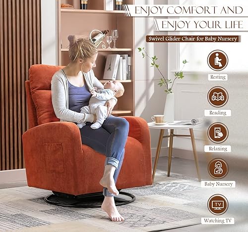 Miniatura 7 de KINFFICT Silla giratoria moderna, mecedora tapizada para el cuarto del bebé, cómoda silla mecedora con respaldo alto con bolsillo lateral y