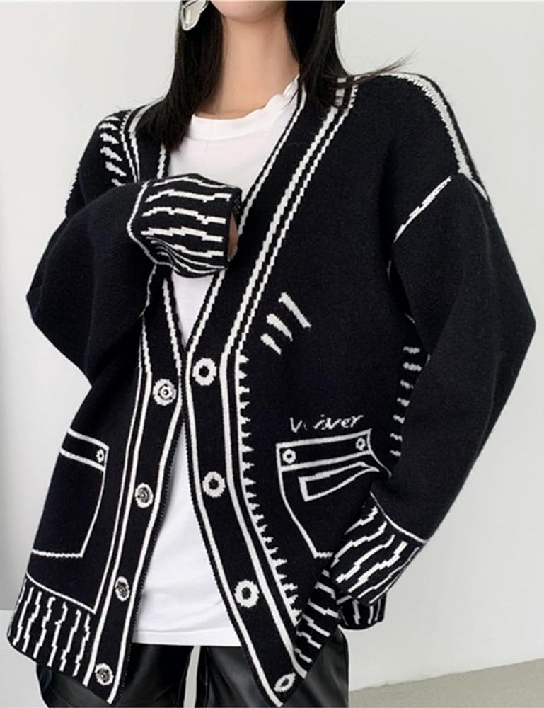 Shebote Women Print Graffiti Unique Cardigan Sweater Y2k Fake