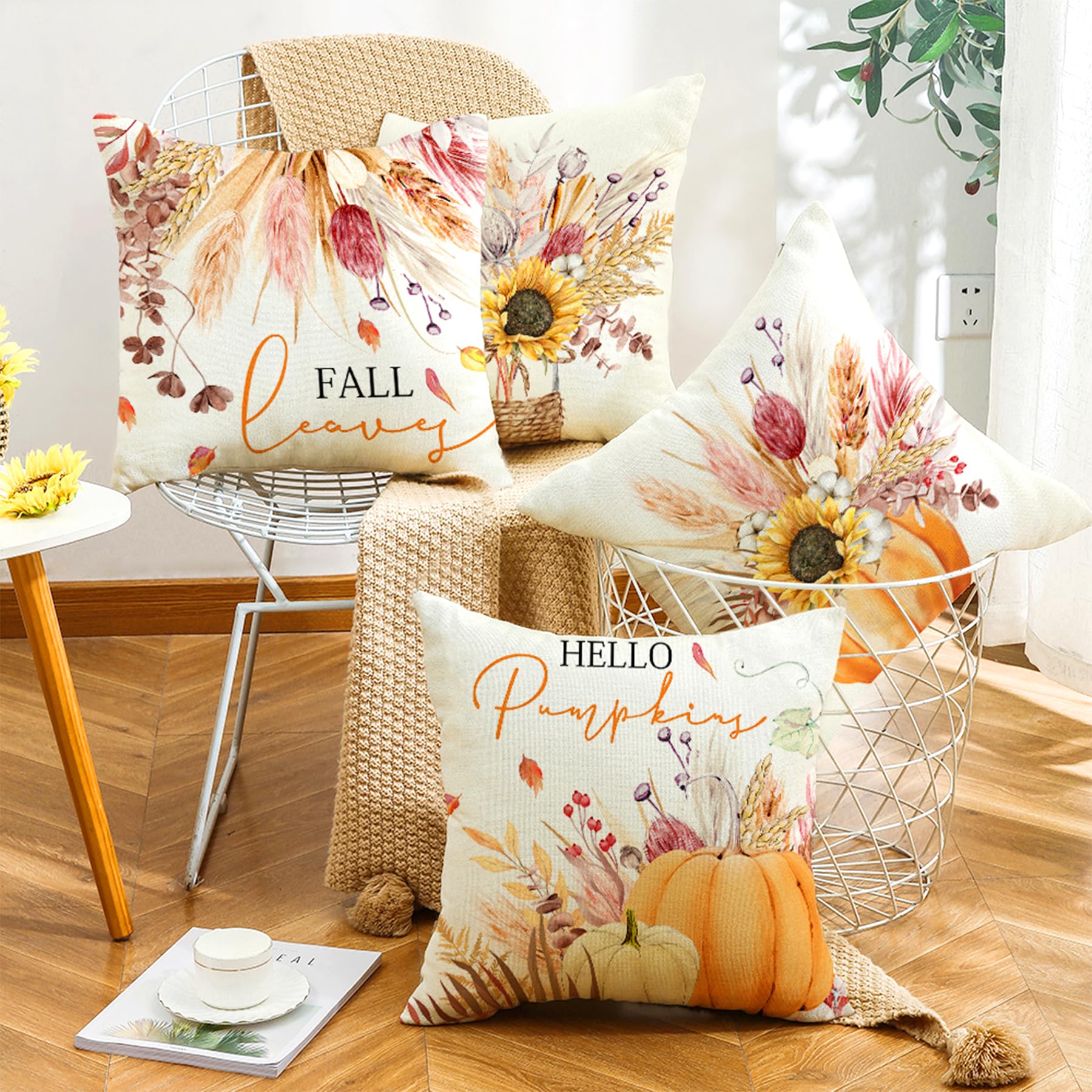 Set di 4 federe per cuscini da 45 x 45 cm, decorative, in lino, motivo floreale blu, con stampa su un solo lato, per casa, ufficio, divano, auto, giardino
