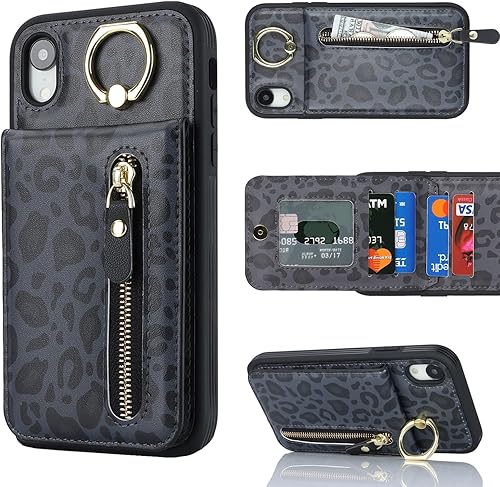 Miniatura 2 de Funda para iPhone XR para mujer, funda para iPhone XR con tarjetero con tarjetero con soporte para tarjeta de crédito con anillo, cierre de
