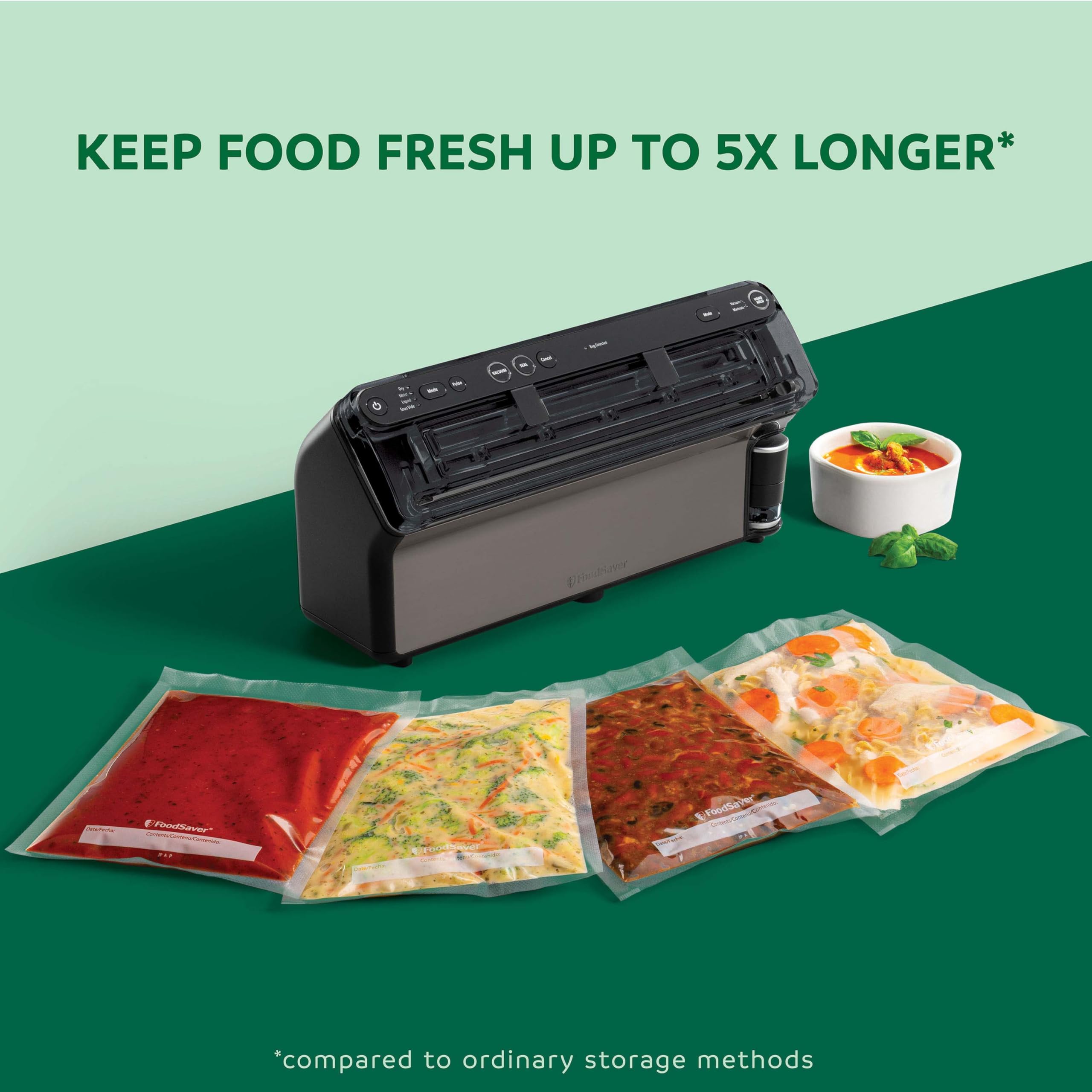 FoodSaver Zgrzewarka Elite All-In-One Liquid - świeża żywność do 5x dłuższa - płynne uszczelnienie - z 1 rolką (28 cm x 2,43 m) i 4 x próżniowe worki uszczelniające (0,94 l i 3,78 l) [VS5910X]