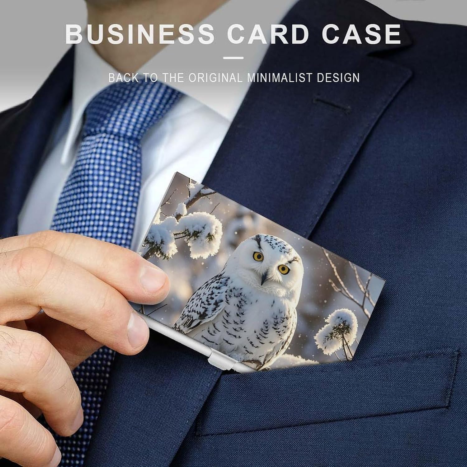 Winter White Owl Business Card Case for Women Or Men Snaps Closed Portable Name Holder Credit Card Holder for Business Meeting Use