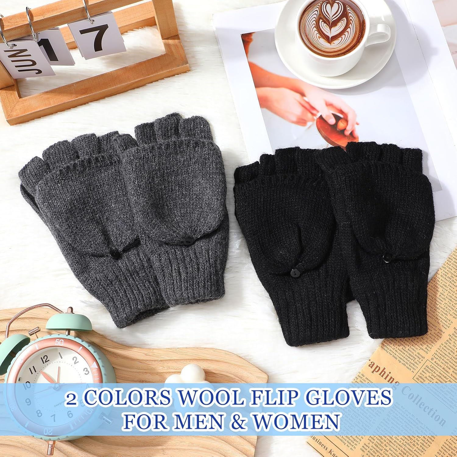 Mepase 2 Pairs Winter Wool Mitten Gloves for Men Flip Fingerless Thermal Convertible Gloves for Winter Cold Weather Ice Fishing Hunting Running Outdoor Supplies - Image 5