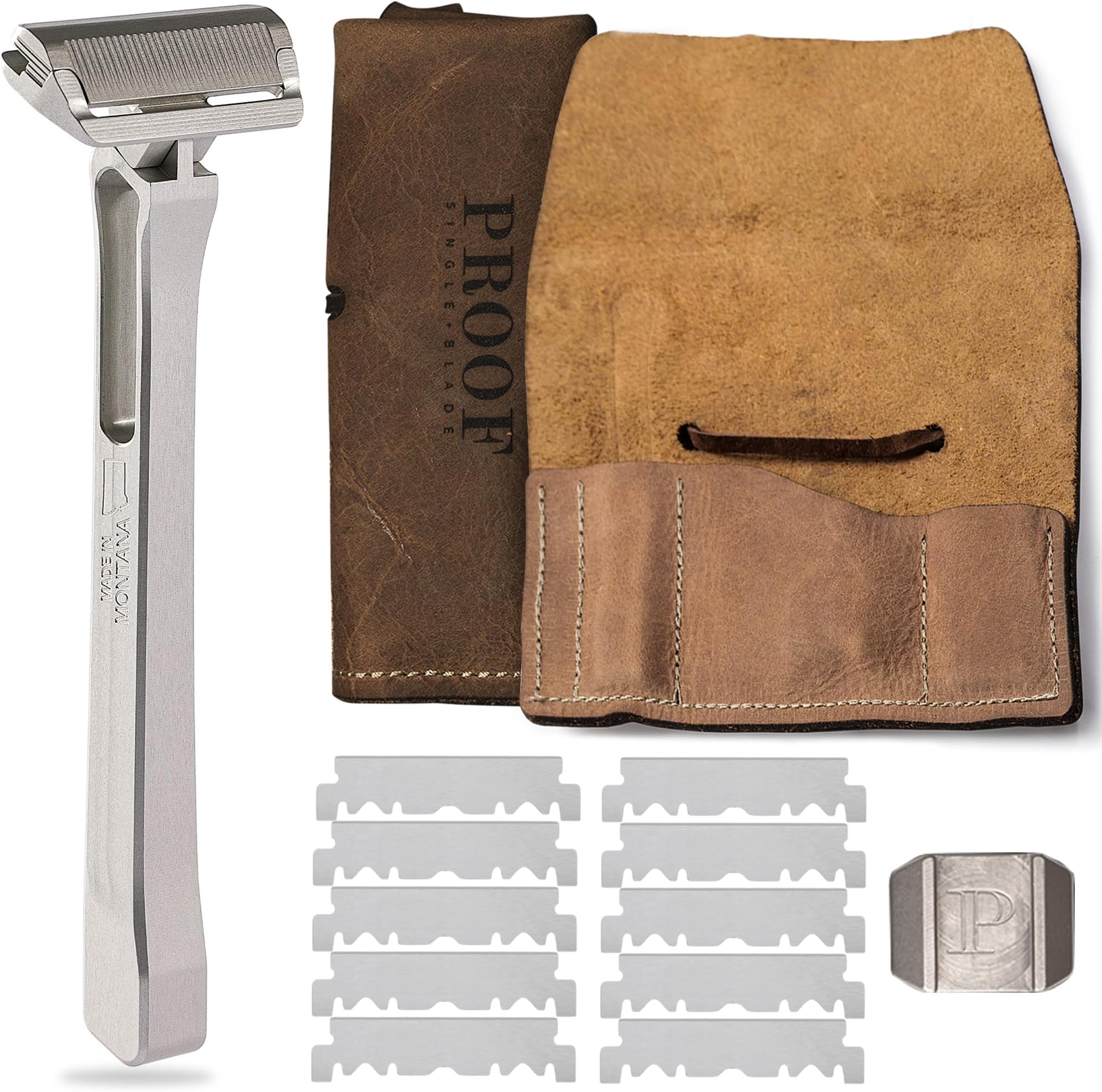 PROOF Select Single Blade Razor for Men with Pivoting Head Made in USA - CNC Machined Aluminum Easy Blade Replacement - Includes Genuine Leather Travel Case, Suction Cup Holder and Safety Razor Blades