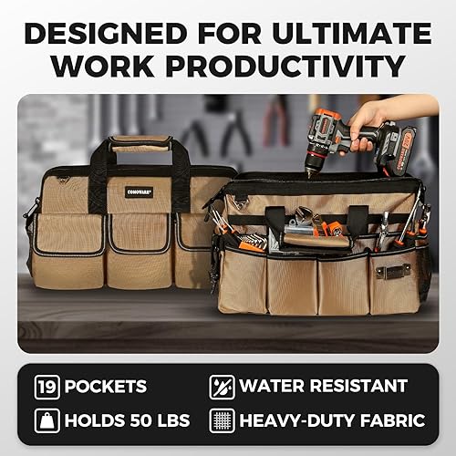 Miniatura 4 de COMOWARE Bolsa de herramientas de 16 pulgadas, organizador de herramientas resistente de 19 bolsillos con correa de hombro ajustable de 51.2