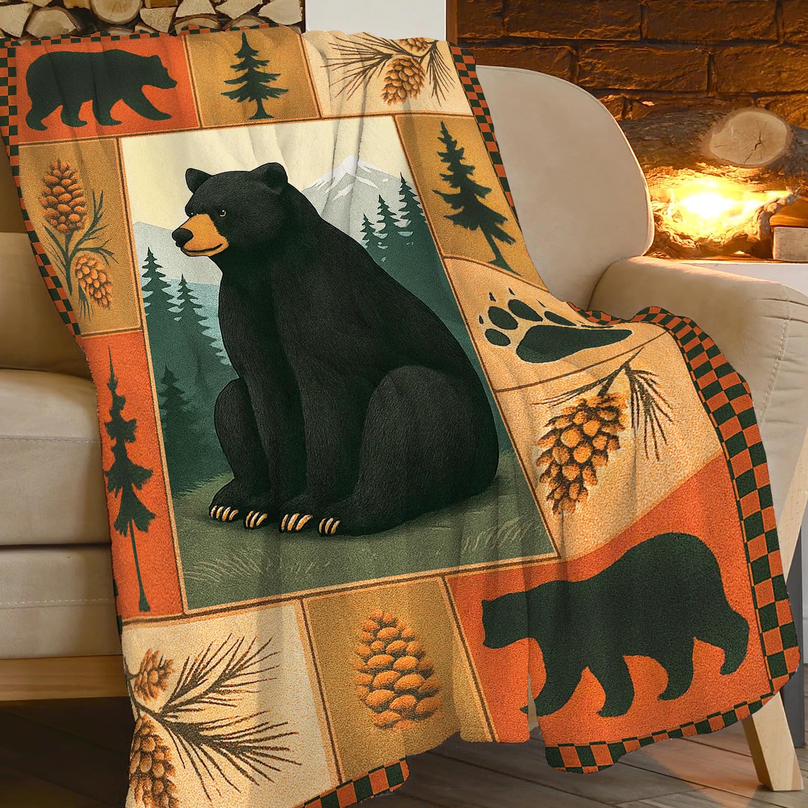 Cabin Bear Blanket Farmhouse Bear Throw Blanket Wildlife Bears Soft Cozy Fleece Fuzzy Plush Flannel Blankets Gifts for Women Girls Men Boys Kids Teens Adults 50"X40"