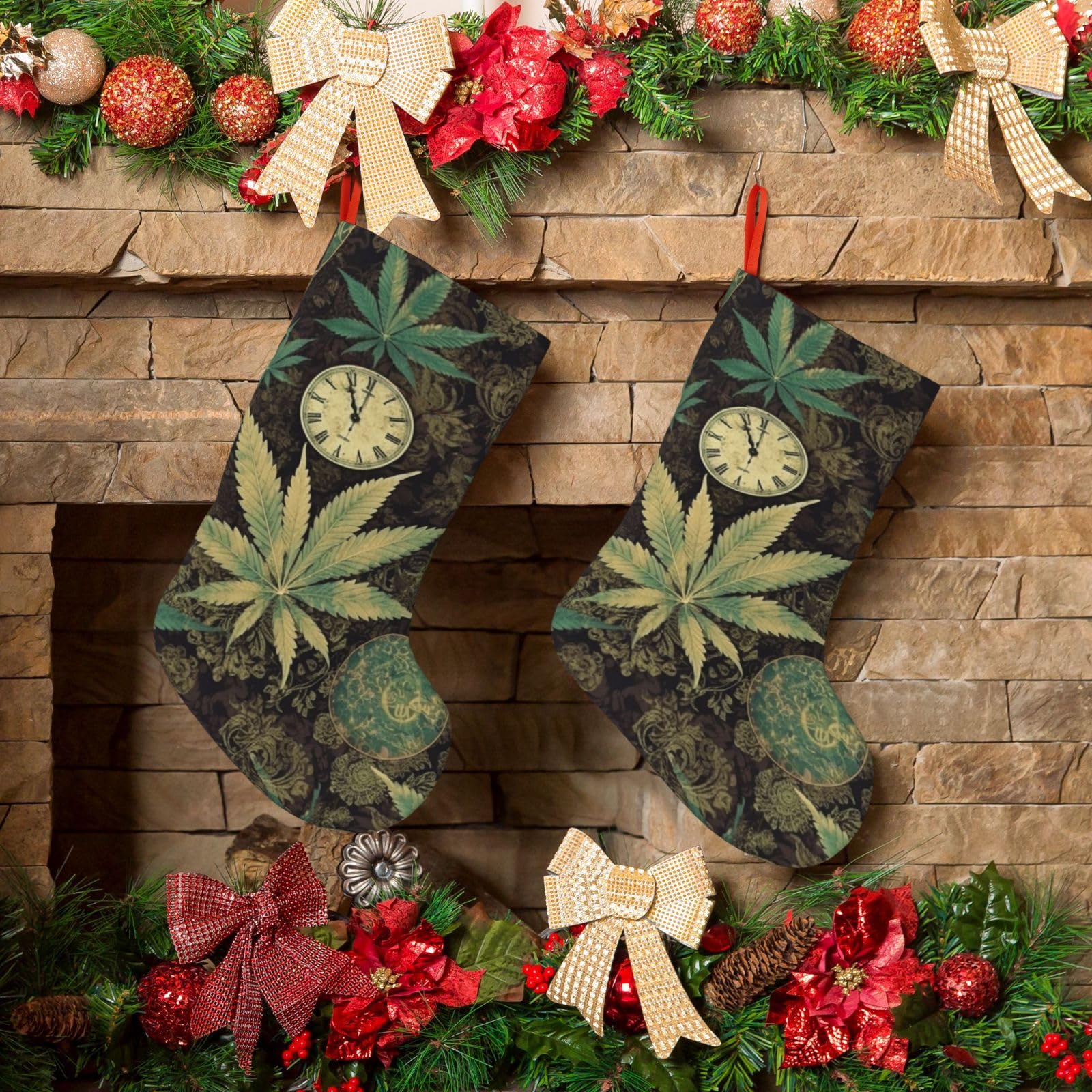 KLOPH Christmas Stockings 18" Personalized Xmas Stocking A Puff in Time Weed Marijuana Decoration Stocking Hanging Fireplace Stocking for Holiday Xmas Tree Christmas Fireplace Decor