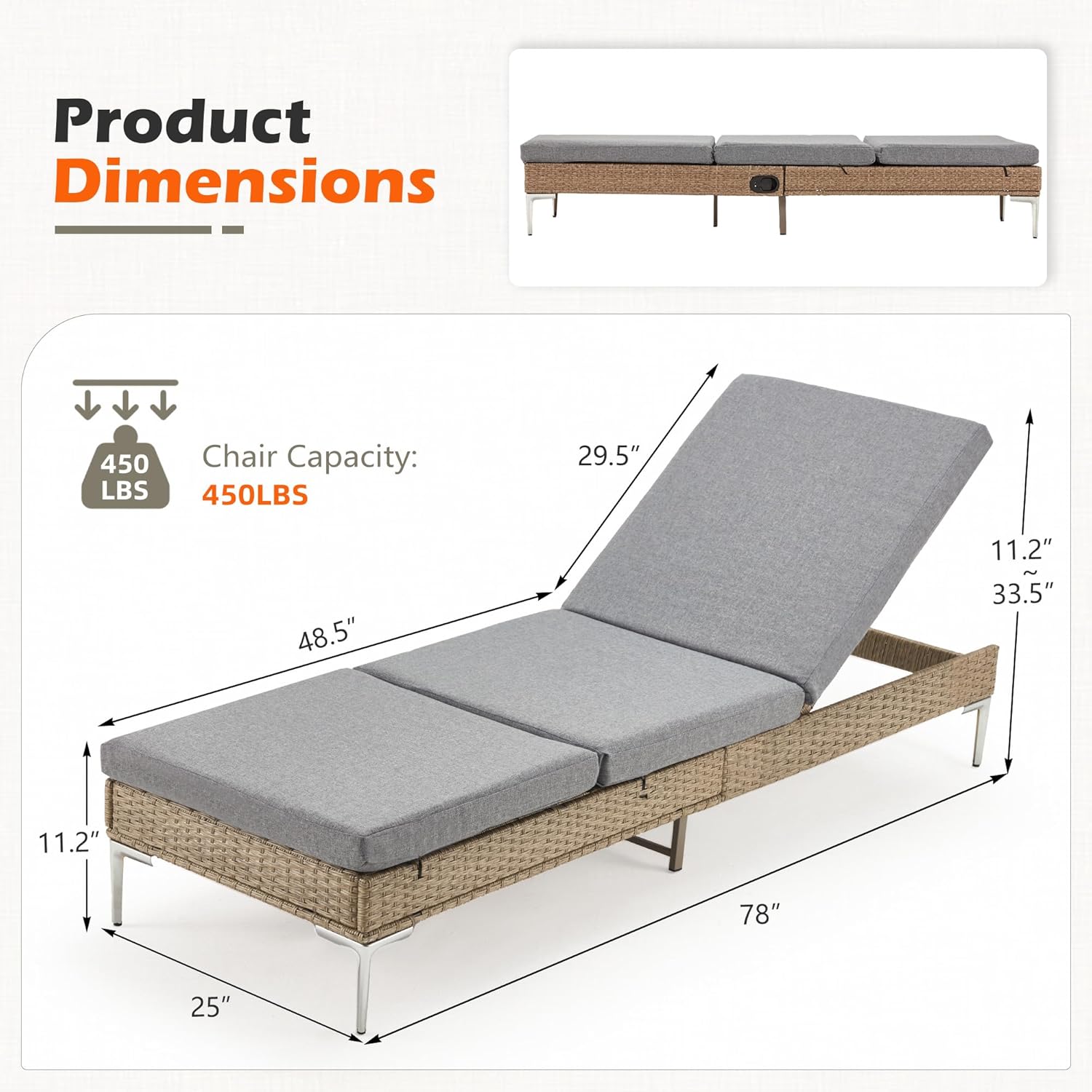 HOMREST Outdoor Chaise Lounge Chair Set of 2, Patio Wicker Lounge Recliner with Adjustable Backrest, Rattan Pool Sunbathing Chaise with Removable Cushion (Grey)