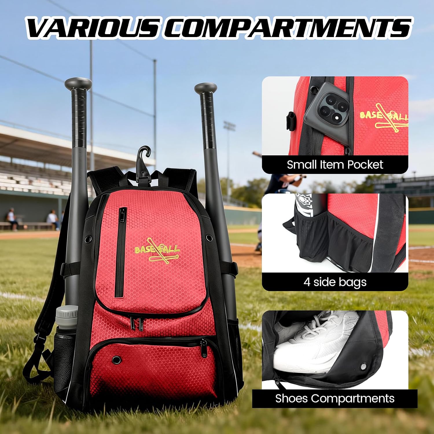 Mosthink Youth Baseball Bag, Lightweight Softball Bag with Shoes Compartment, Baseball Backpack with Fence Hook for TBall Bat & Equipment