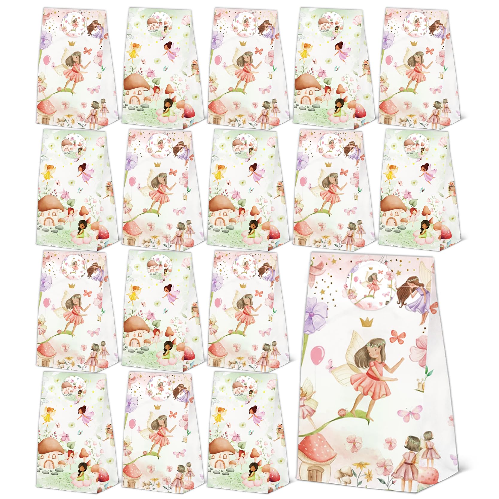 24 Pcs Floral Fairy Favor Bags with Stickers Bags Floral Fairy Party Bags Paper Fairy Goodie Bags for Party Decoration Supplies (flower-24, 24pcs)