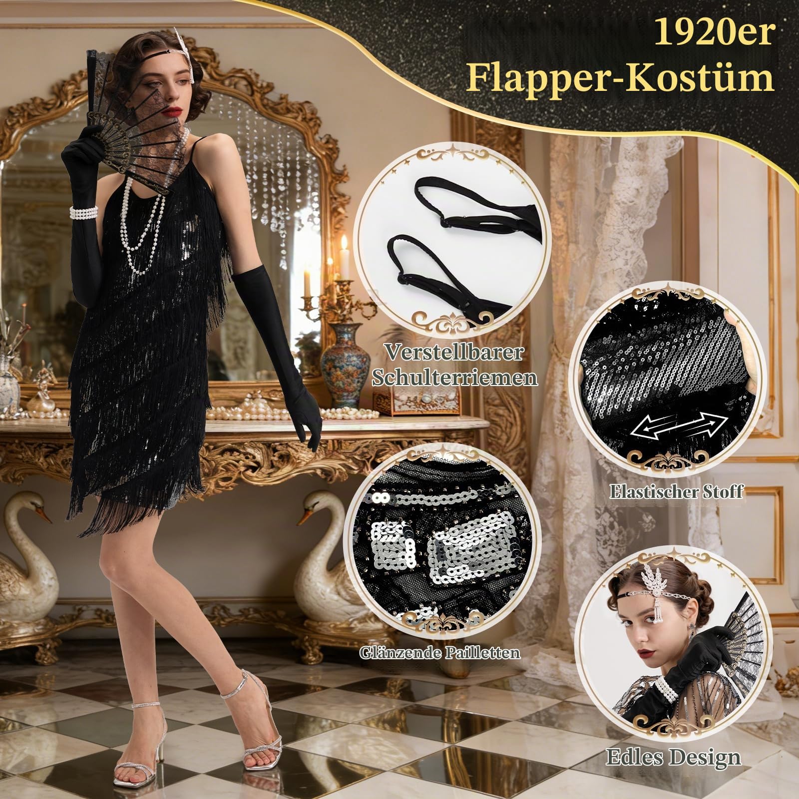 Joellfuner 20er Jahre Kostüm Damen, Gatsby Fransen Kleid Damen, Charleston Flapper Pailletten Outfit mit Kopfbedeckung Handschuhen Halskette Armband Ohrringen für Halloween Karneval Fasching