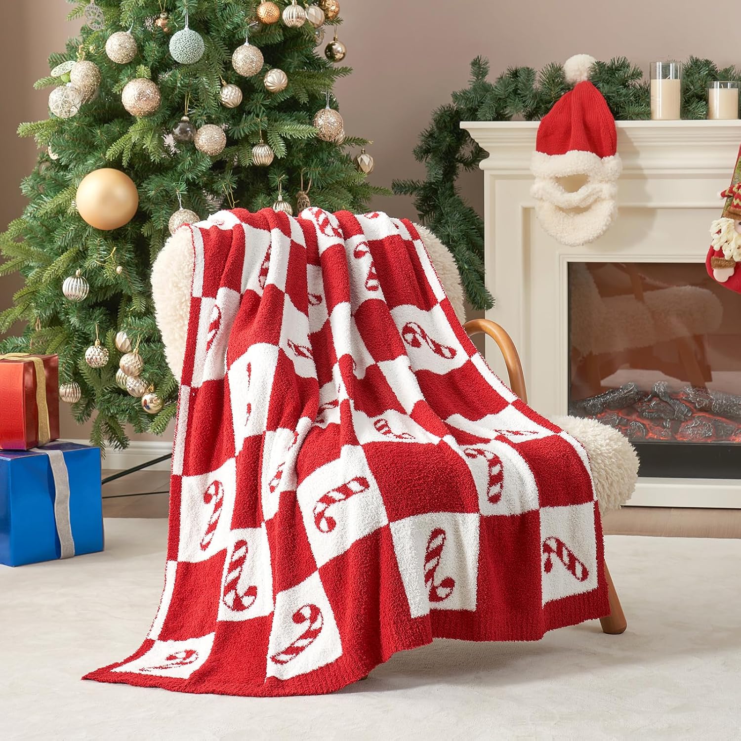 Snuggle Sac Candy Cane Throw Blanket Red Christmas Blanket 50x60 inches, Ultra Soft Cozy Decorative Throw Blanket for Couch, Sofa and Bed for Xmas Christmas Red Candycane Throw(50"x 60")