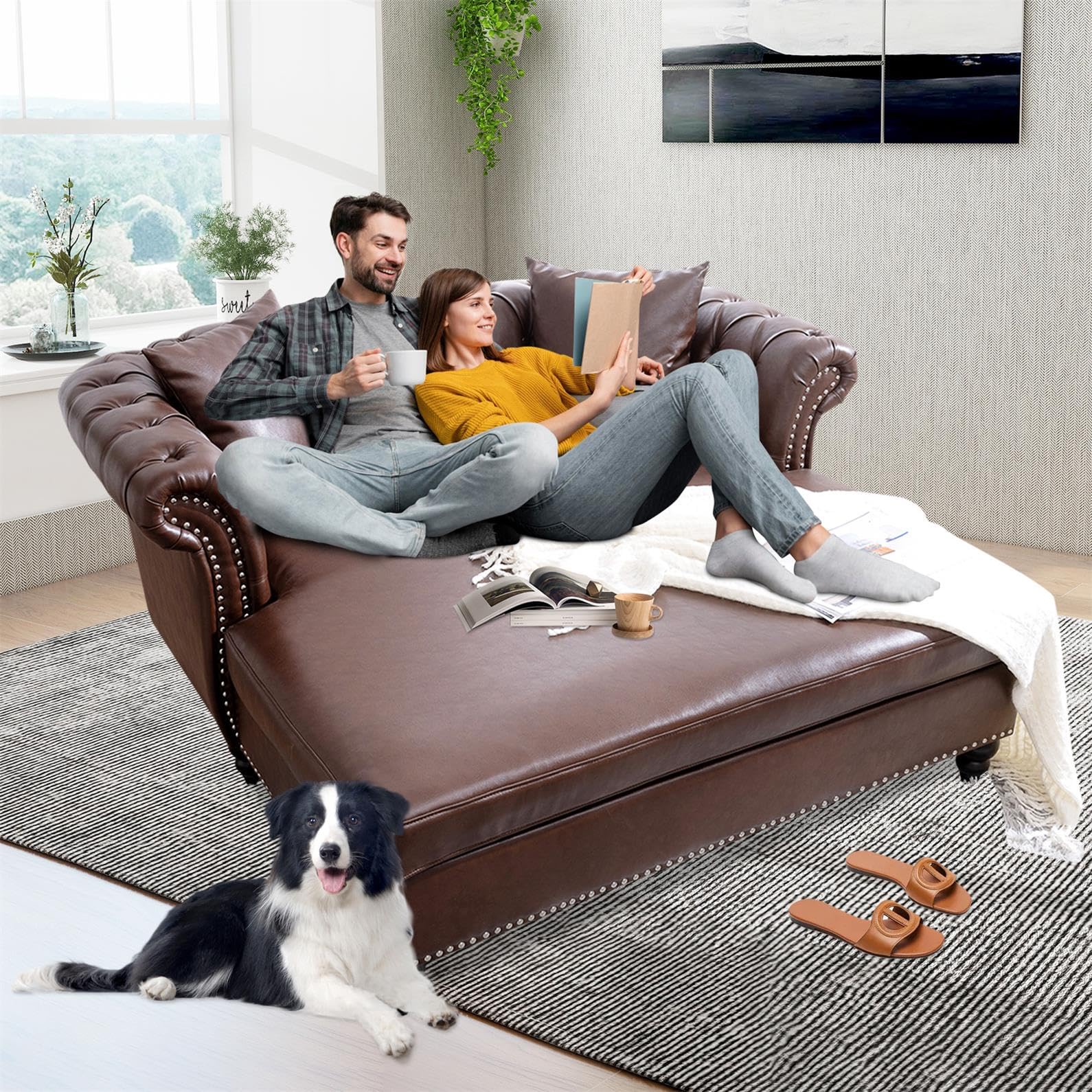 Vaztrlus 63' Oversized Chaise Lounge Chair, Double Chaise Lounges Sofa, Faux Lea — product photo