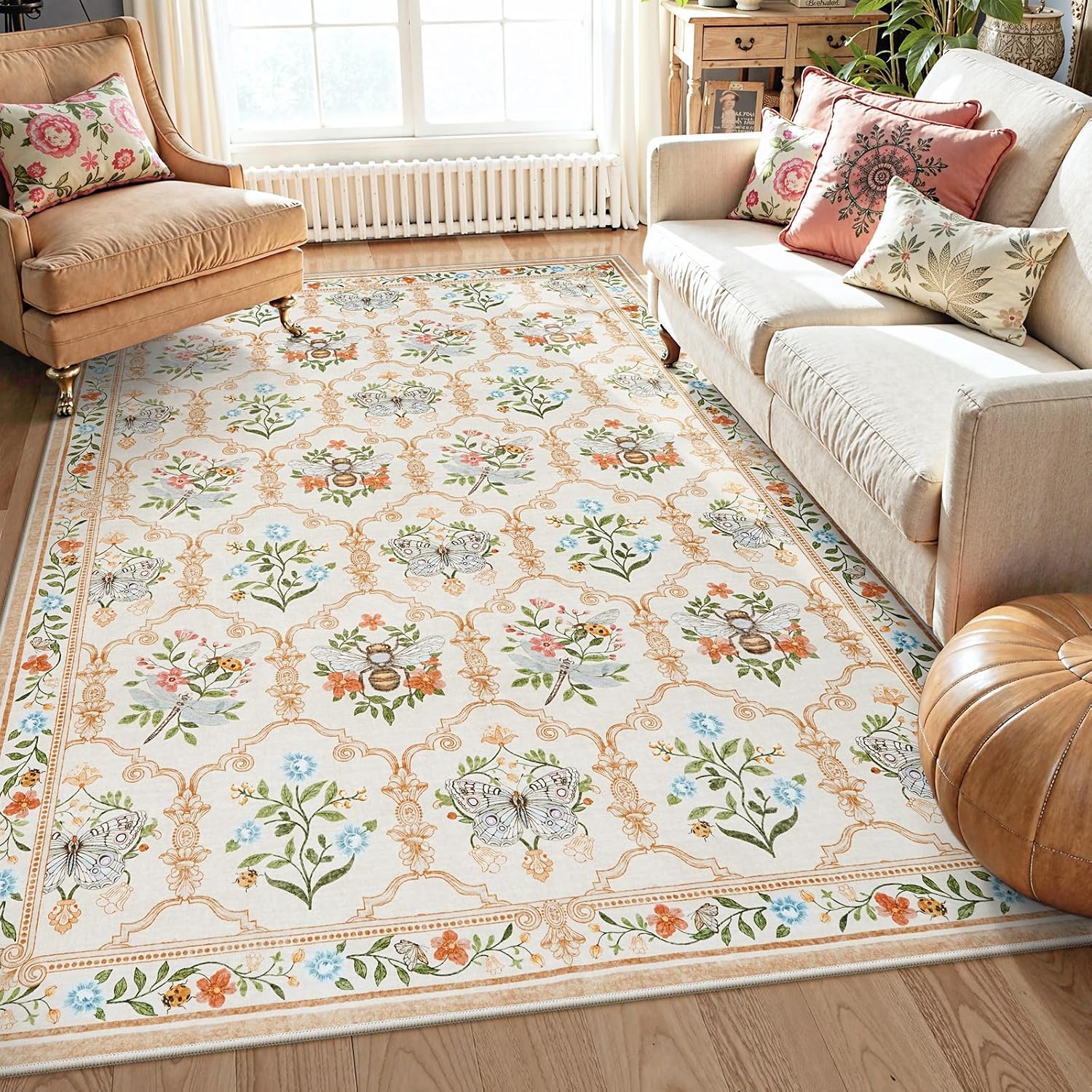 LIVEBOX Pink 5x7 Washable Rug for Living Room, Vintage Floral Area Rug for Bedroom, Soft Non-Slip Rugs with Butterfly and Bee Pattern, Low-Pile Throw Carpet for Dining Room, Nursery Playroom Girls