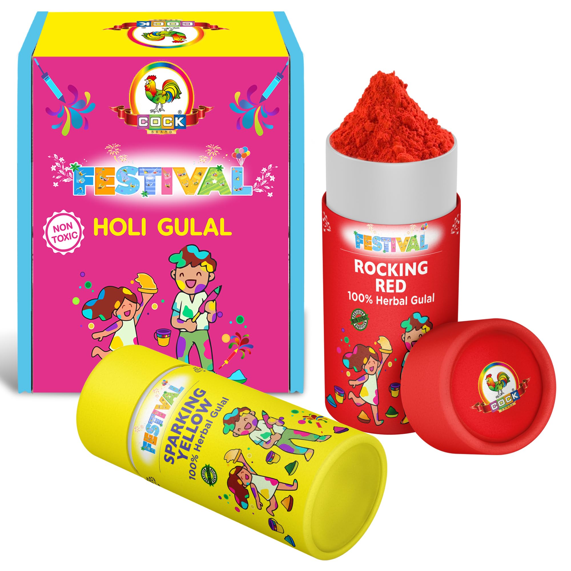 Cock Brand - Holi Natural Gulal - Festival Gulal - Pack of 2-80G (160G) Skin Friendly - Natural Holi Colours - Easy to Wash - Good Fragrance - Soft & Smooth On Skin - Washable and Easy to Remove
