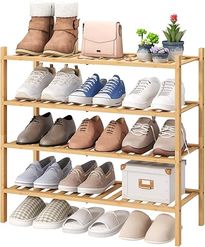 Miniatura 18 de Zapatero blanco, zapatero de madera de bambú de 3 niveles para armario, entrada y pasillo, y organizador de almacenamiento apilable para interiores