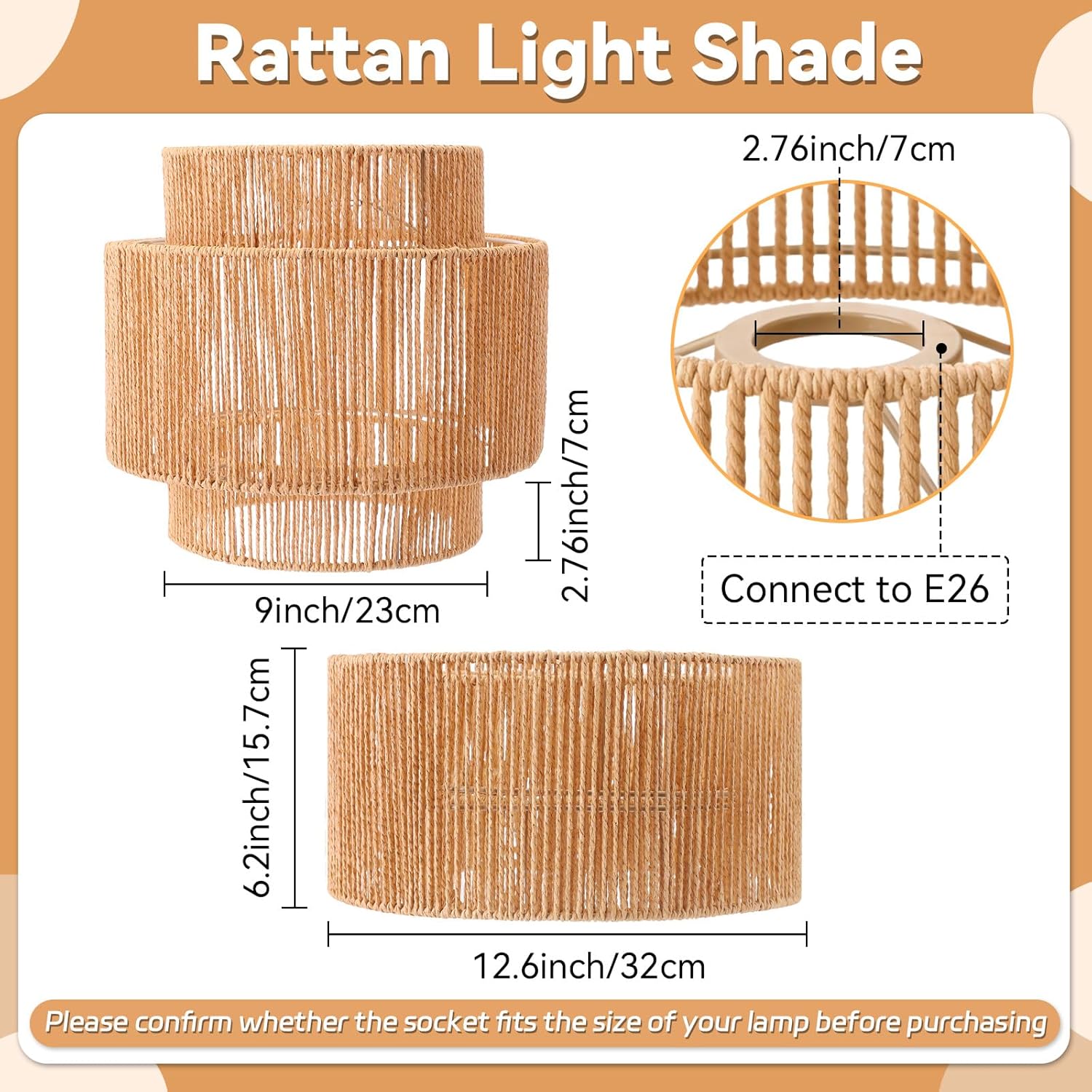 VIHOSE 12.6 Inch Boho Rattan Lamp Shades Wicker Lantern Lamp Shade Vintage Rattan Small Lampshade for Table Floor Hanging Lamps Farmhouse Rustic Lampshades for Kitchen Bedroom Dining Room Hallway