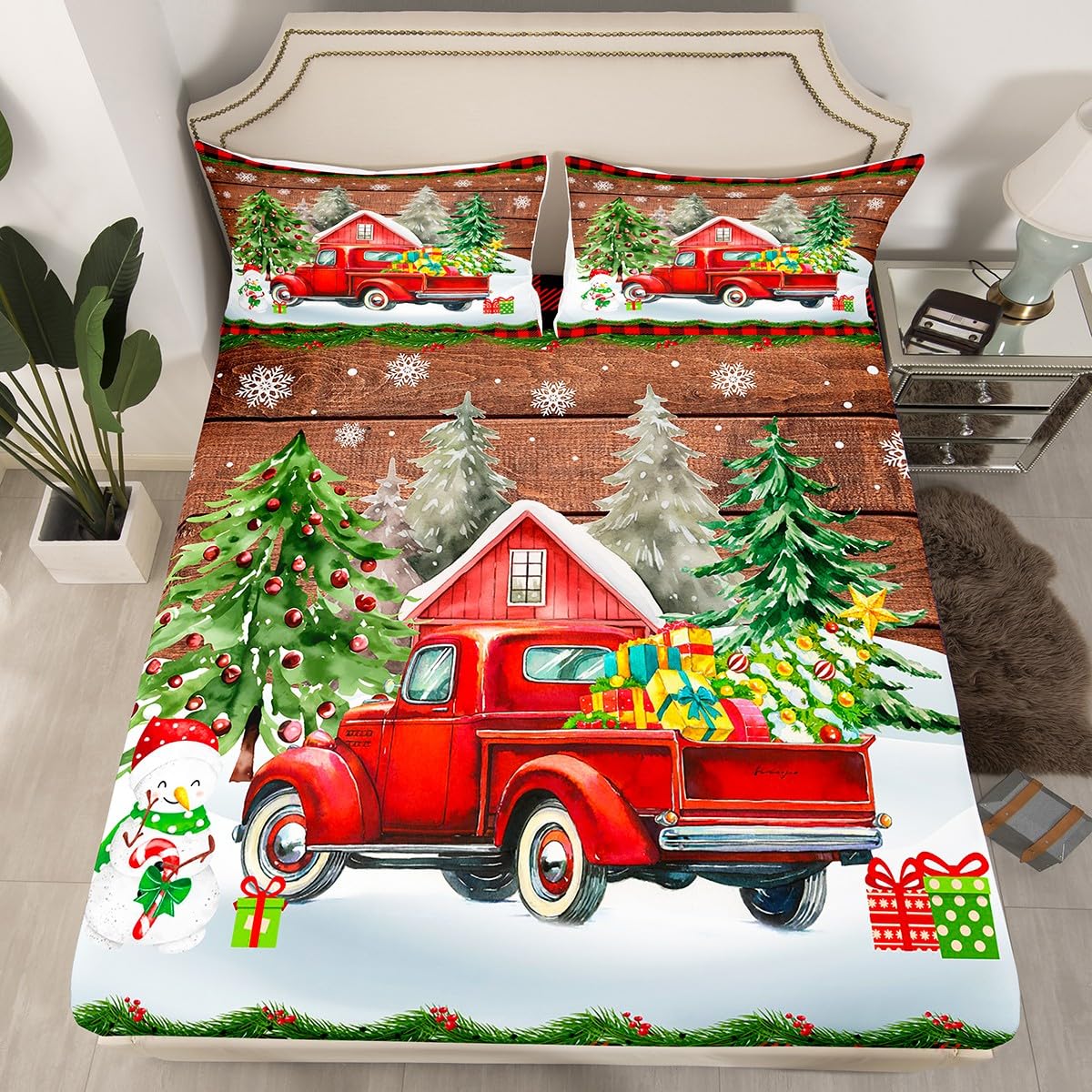 Christmas Fitted Sheet Single Size, Red Truck Xmas Trees Snowman Bed Cover with 1 Pillowcase, Red Plaid Brown Wooden Plank Bedding Set 2pcs for Kids Boy, Soft Polyester Bedding — image 1