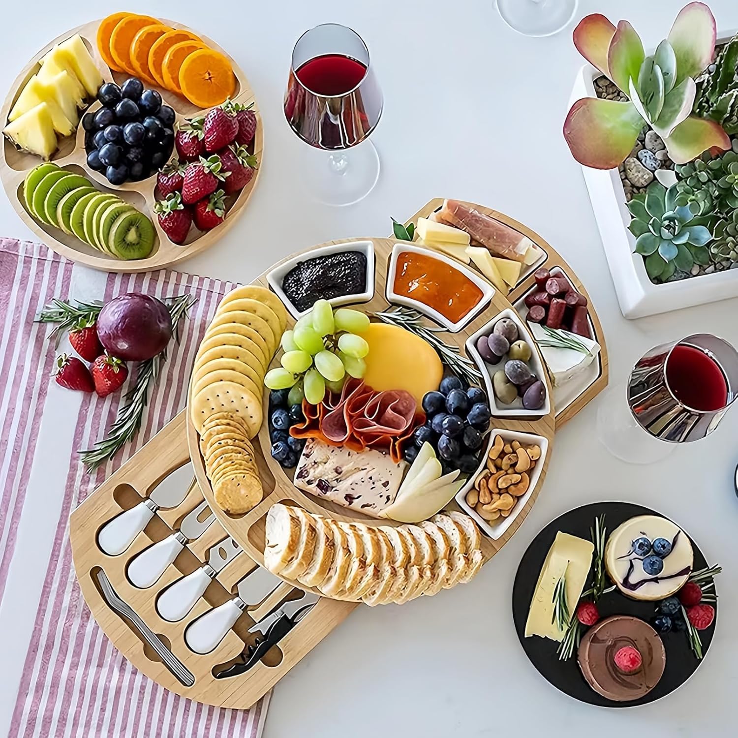 竹製チーズボードセット カッティングボード + ナイフ/ボウル 防水防カビ アウトドア/パーティー/ギフト用 (31*31*3.1c