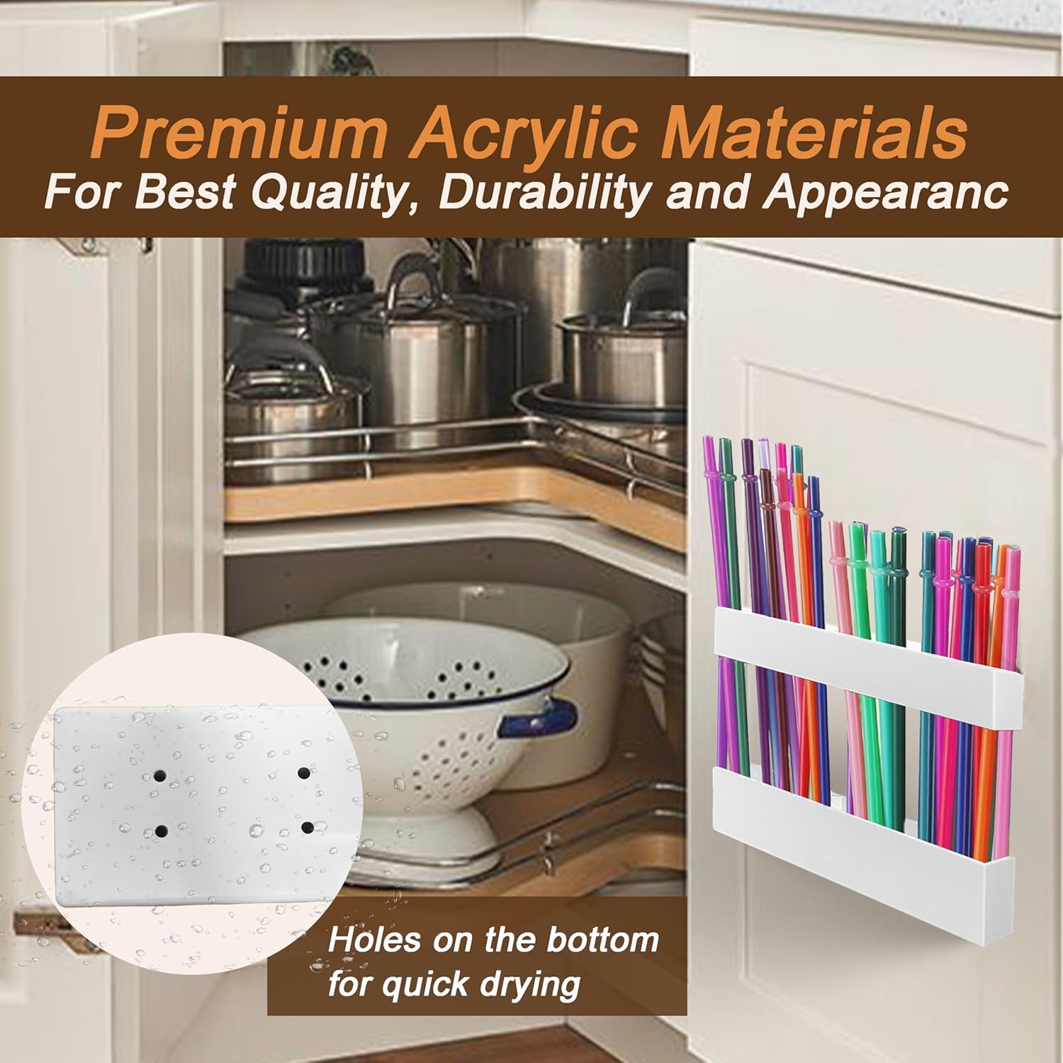 Straw Holder for Cabinet Door, 9.5’’ Large Acrylic Adjustable Straws Organizer with Ultra Sticky Adhesive Strips, Reusable Tumbler Straw Organizer Storage for Kitchen Counter Cupboard Door - Image 3