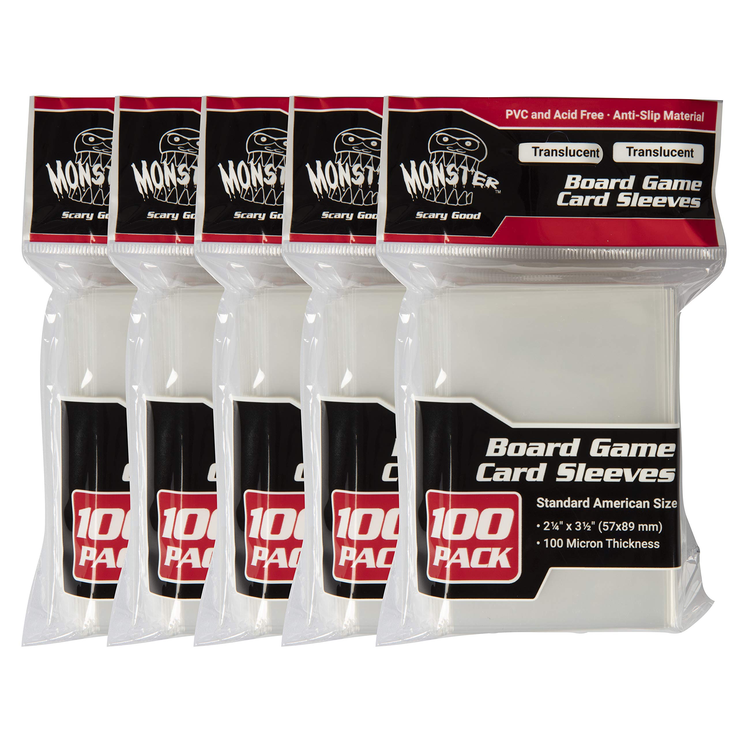 Monster Protectors Clear Board Game Card Sleeves (500 Pack) – Standard American Size (57 x 89mm) Protectors, 100 Micron Thickness Sleeves for Premium Protection