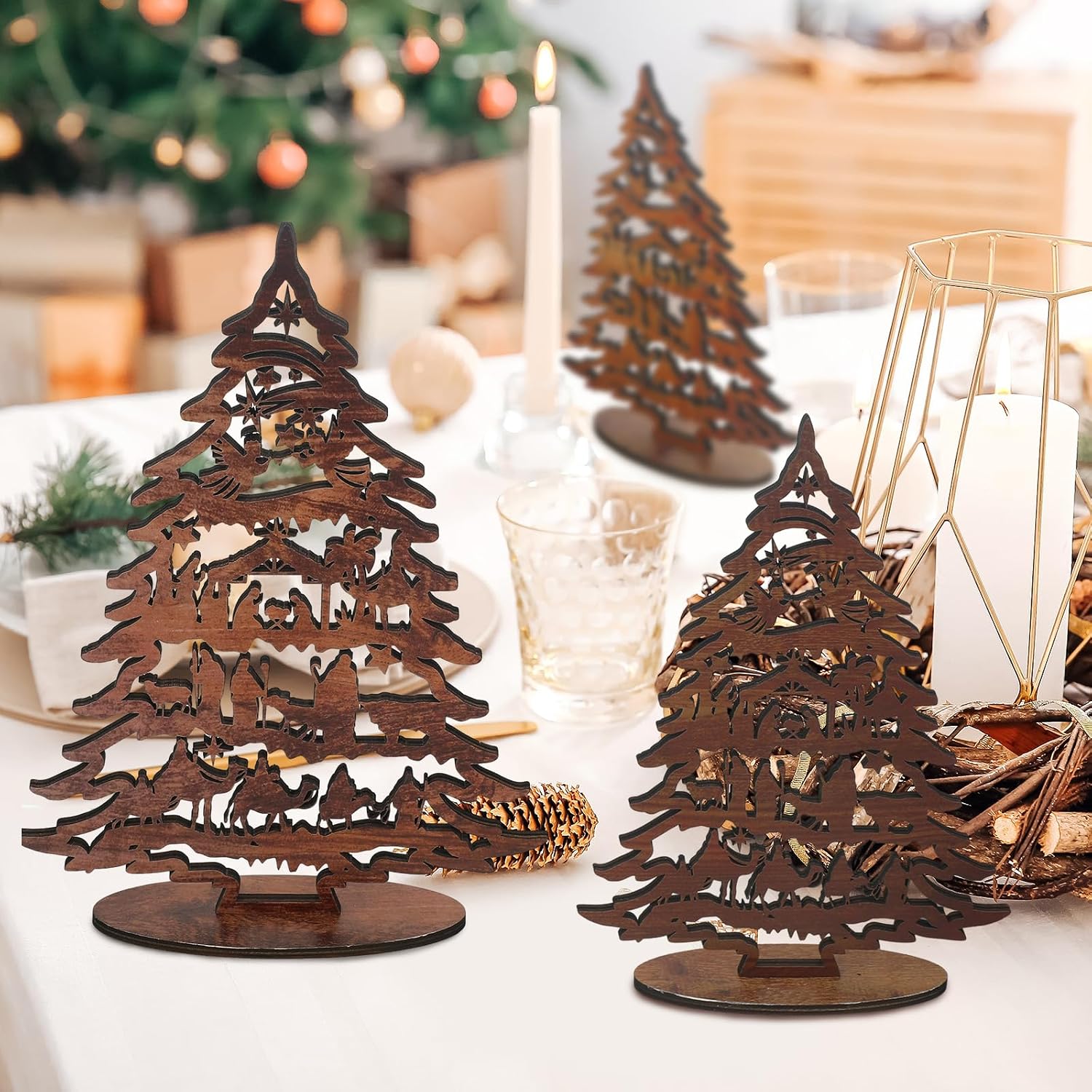 Huwena 3 Pcs Christmas Nativity Wooden Tree Table Ornament, Classic