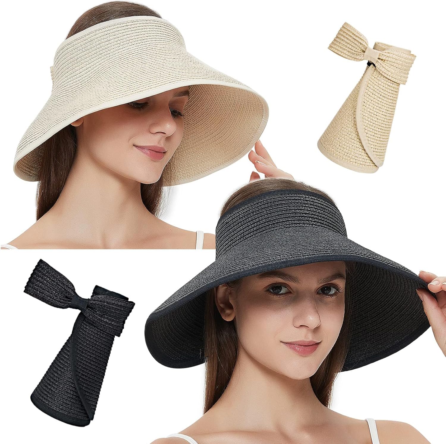 2025 Zonneklep Hoed, Oprolbare Dames Brede Rand Stro Opvouwbare Zomer Topless Zonnehoeden Voor Vrouwen Verstelbare Beach Cap 2025 Zonneklep Hoed, Oprolbare Dames Brede Rand Stro Opvouwbare Zomer Topless Zonnehoeden Voor Vrouwen Verstelbare Beach Cap