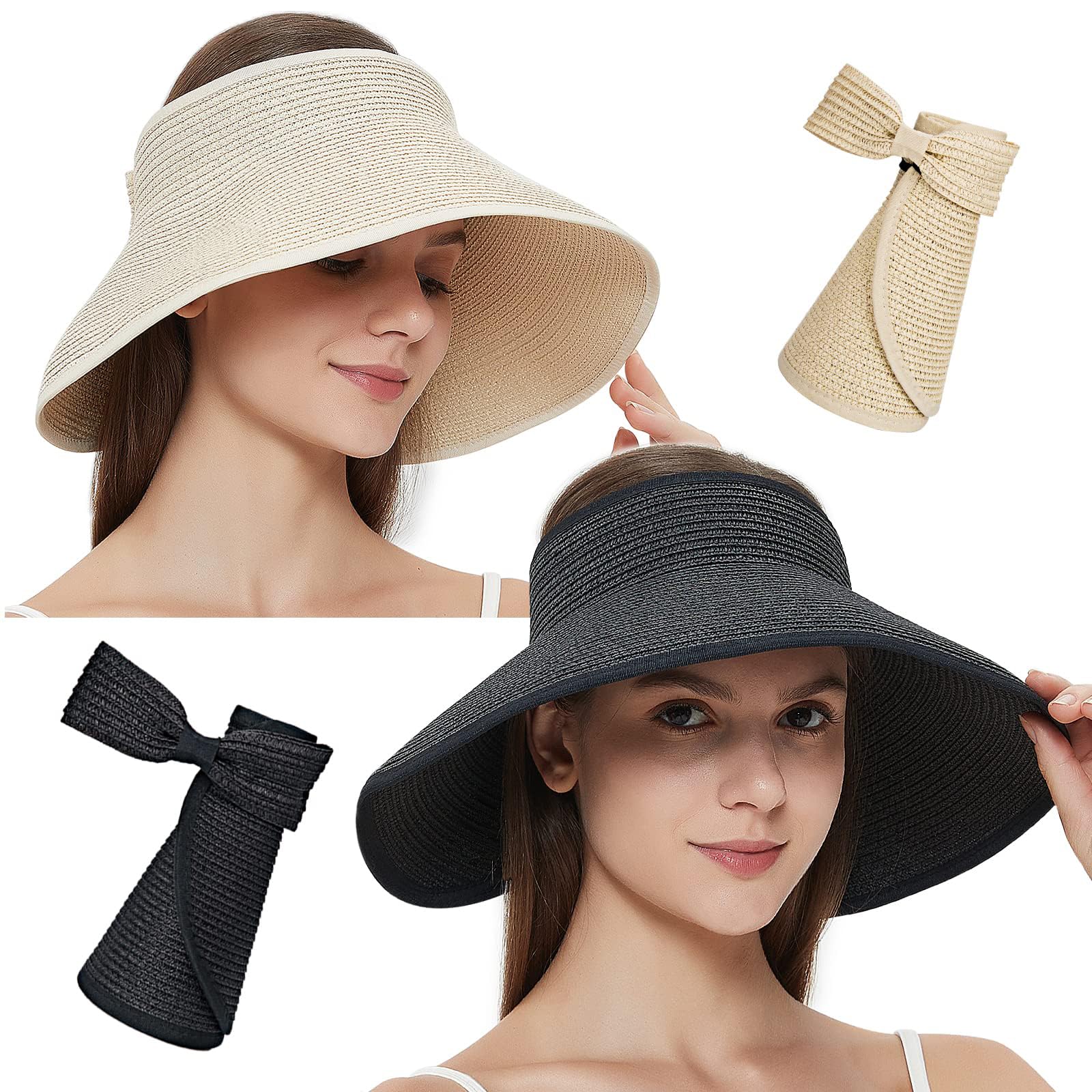 Maylisacc Women's 2 Pack-Beige & Black Summer Wide Brim Topless Straw Sun Hat Packable, 2 Pack Rollable Uv Visor Hat, Black & Beige