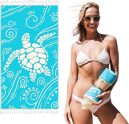 WEKAPO Turkish Beach Towel 39"x71" Oversized, 100% Cotton, Ultra Absorbent & Sand Resistant, Extra Large Beach Towel, Perfect for Beach, Bathroom, Pool, Travel (Turquoise Sea Turtle)