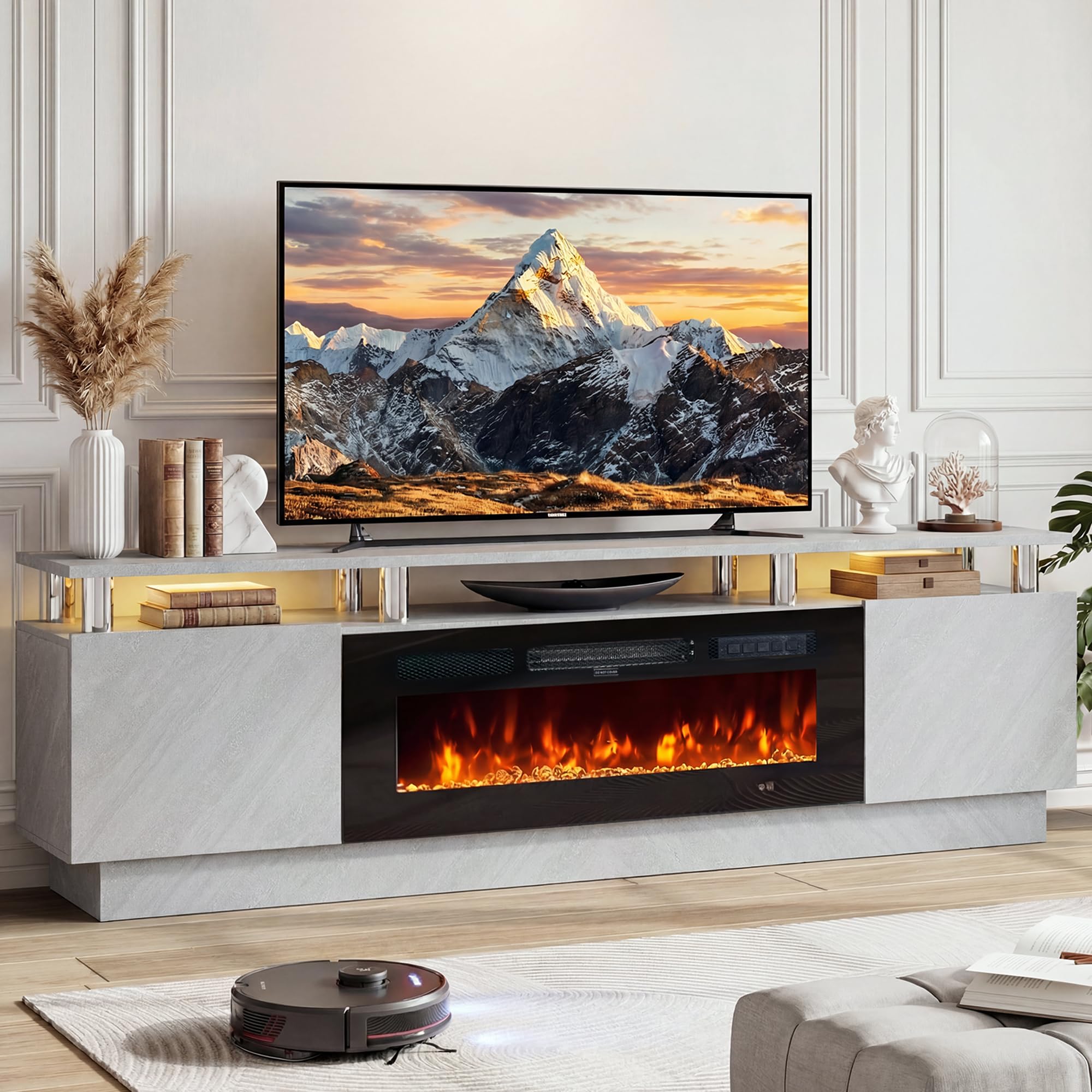 Photo 1 of OneBlis 70" Fireplace TV Stand for TVs UP to 80", Electric Fireplace Entertainment Center with LED Lights & Storage Cabinets, TV Console for Living Room, Office, Grey-Black
