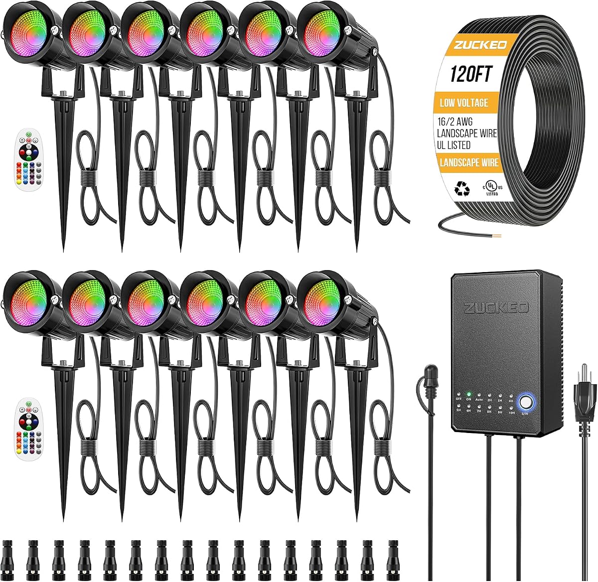 ZUCKEO Kit de iluminación de paisaje RGB todo en uno de bajo voltaje, luces LED de 5 W que cambian de color con transformador y cable de 120 pies, focos al aire libre para decoración de jardín de Navidad de Halloween, paquete de 12