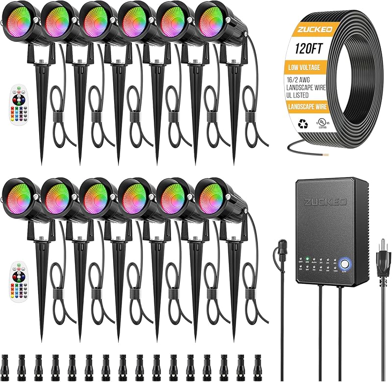 ZUCKEO All-in-One RGB Low Voltage Landscape Lighting Kit, 5W LED Color Changing Landscape Lights with Transformer and 120FT Wire, Outdoor Spotlights for Halloween Christmas Yard Garden Decor, 12Pack
