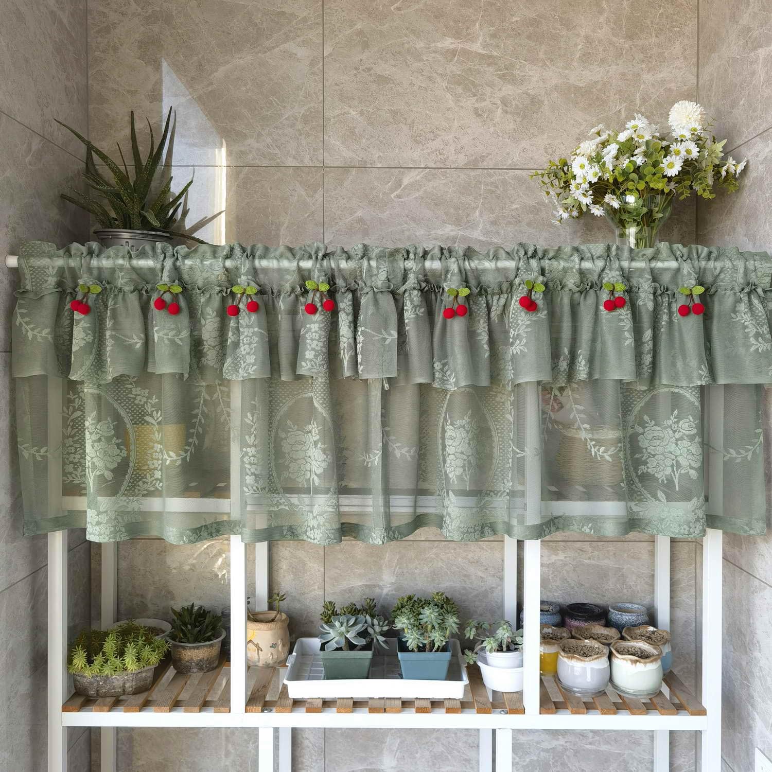 Sage Green Lace Curtain Valance 20 inch for Kitchen Bathroom Vintage Sheer Curtain Rod Pocket Voile Panel Cafe Curtain Window Treatment Valance for Small Windows, 2 Panels,Each W39 x L20 inch
