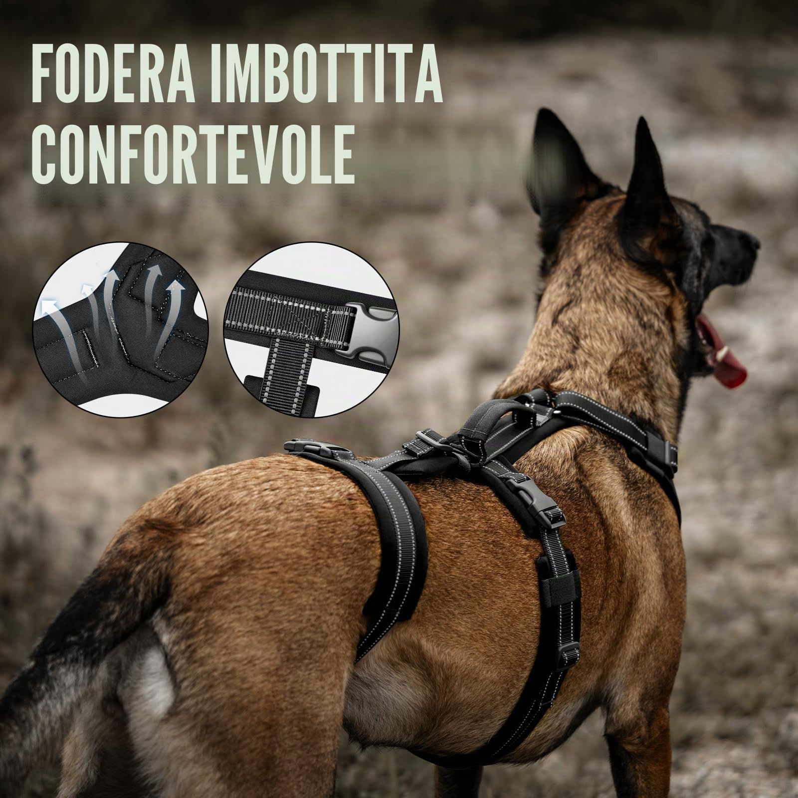OneTigris Pettorina per cani, HOUNDLOCK Pettorina tattica anti-scoppio regolabile morbida imbottita con 1 maniglia, 2 anelli a D e riflettente (Nero, M)