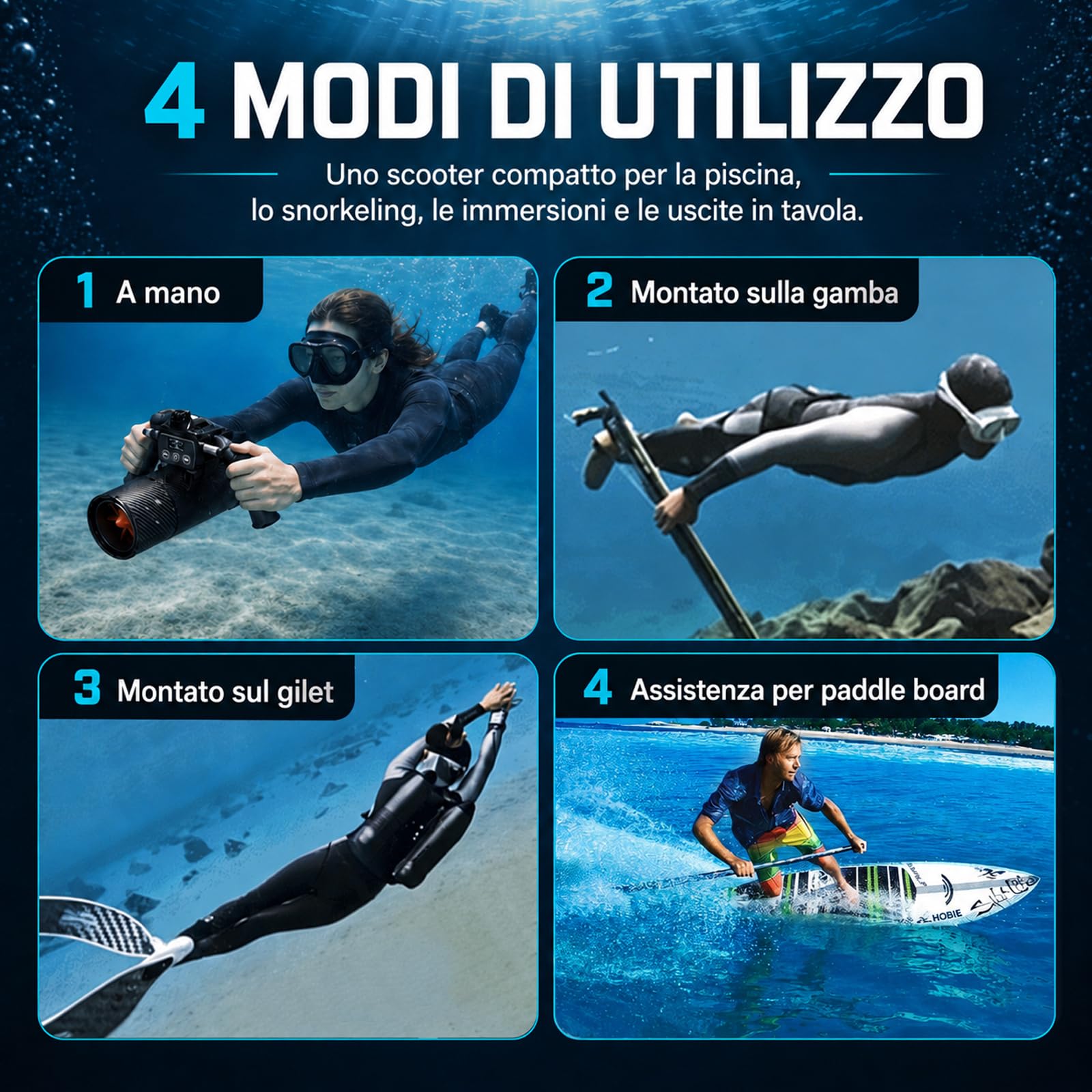 Sea Scooter 650W, velocità 7 km/h e profondità 40 m, Spinta Potente per Allenamento in Piscina Adulti, Snorkeling, Attrezzatura Subacquea e Alternativa ai Gonfiabili da Piscina