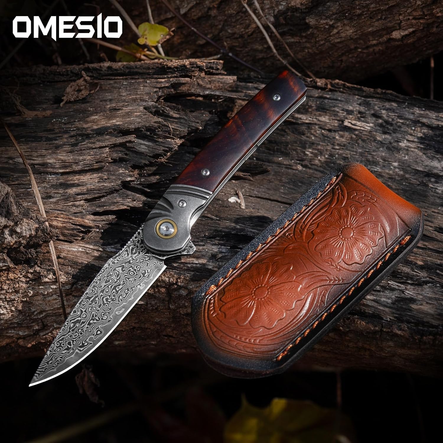 Omesio Cuchillo Plegable de Damasco 67 Capas con Núcleo VG10 – Navaja EDC de Bolsillo con Clip, Hoja Afilada y Funda de Cuero, Ideal para Camping, Outdoor y Uso Diario