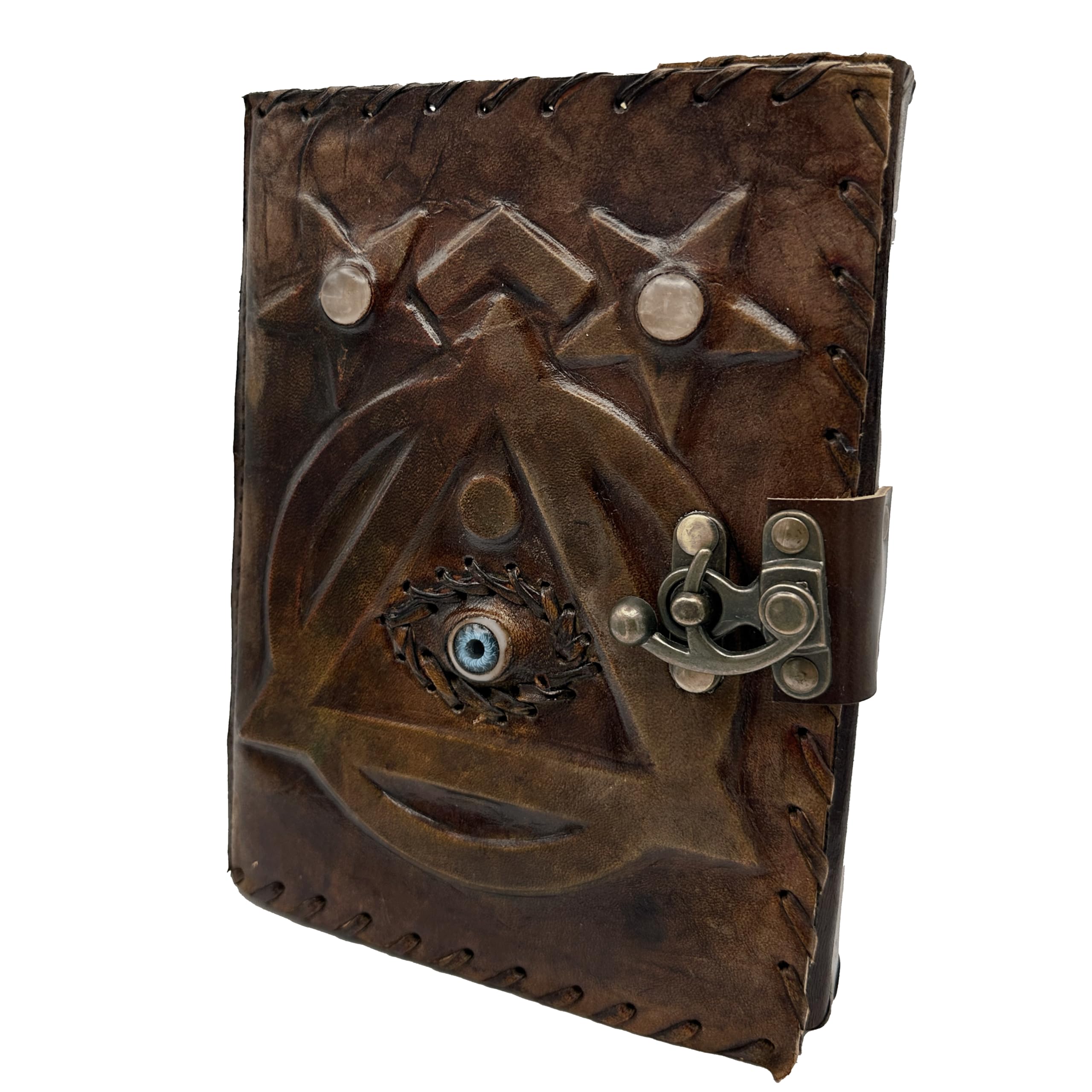 Handmade Leather Grimoire Journal – Spell Book of Shadows for Witchcraft, Wicca, Witch Diary & Notebook – Vintage Blank Journal for Spells and Ritual Notes , 17 x 12 cm (Pentacle with Evil Eye Stone) — image 1