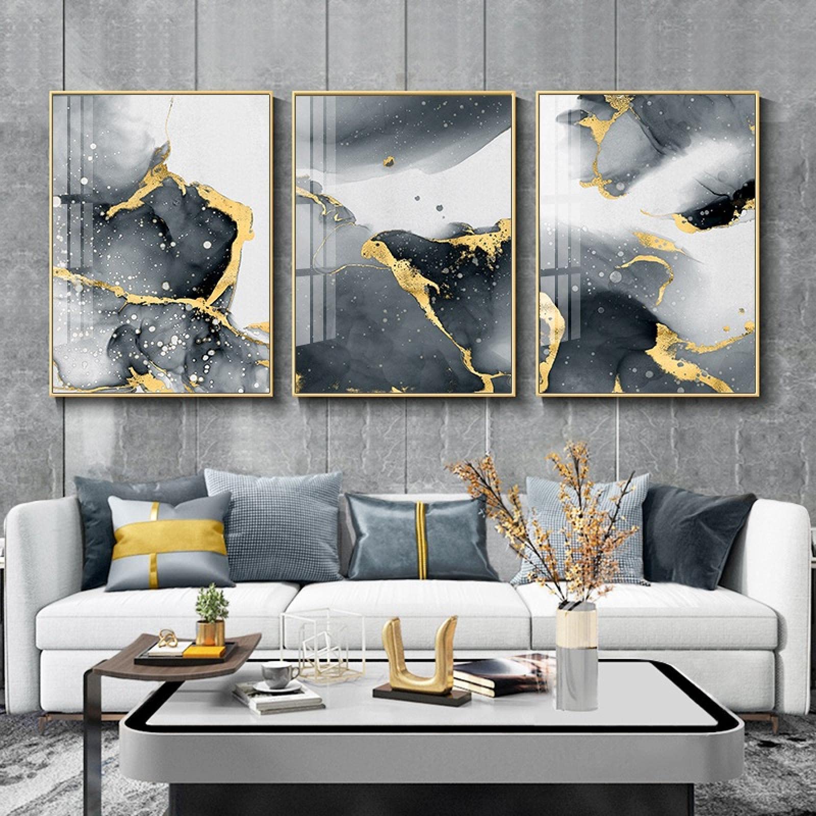 Quadri Moderni Tela 3 Pezzi: Decorazione Astratta Oro Su Bianco E Nero