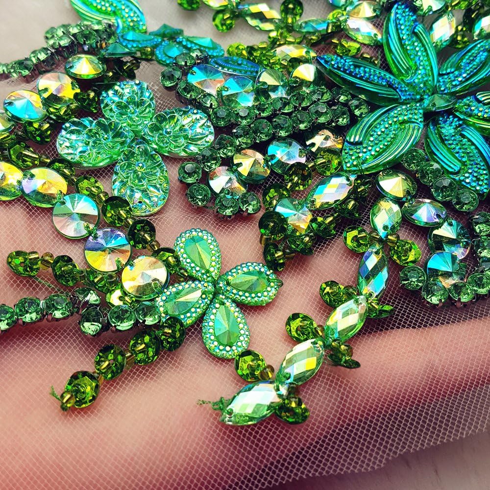 Gorgeous Pure Handmade Beaded Bling Bright Crystal Patches Sew on AB Rhinestones Waist Decoration Applique with Stones Sequins Beads DIY Craft Belt for Wedding Dress Decor Decorations (Green)
