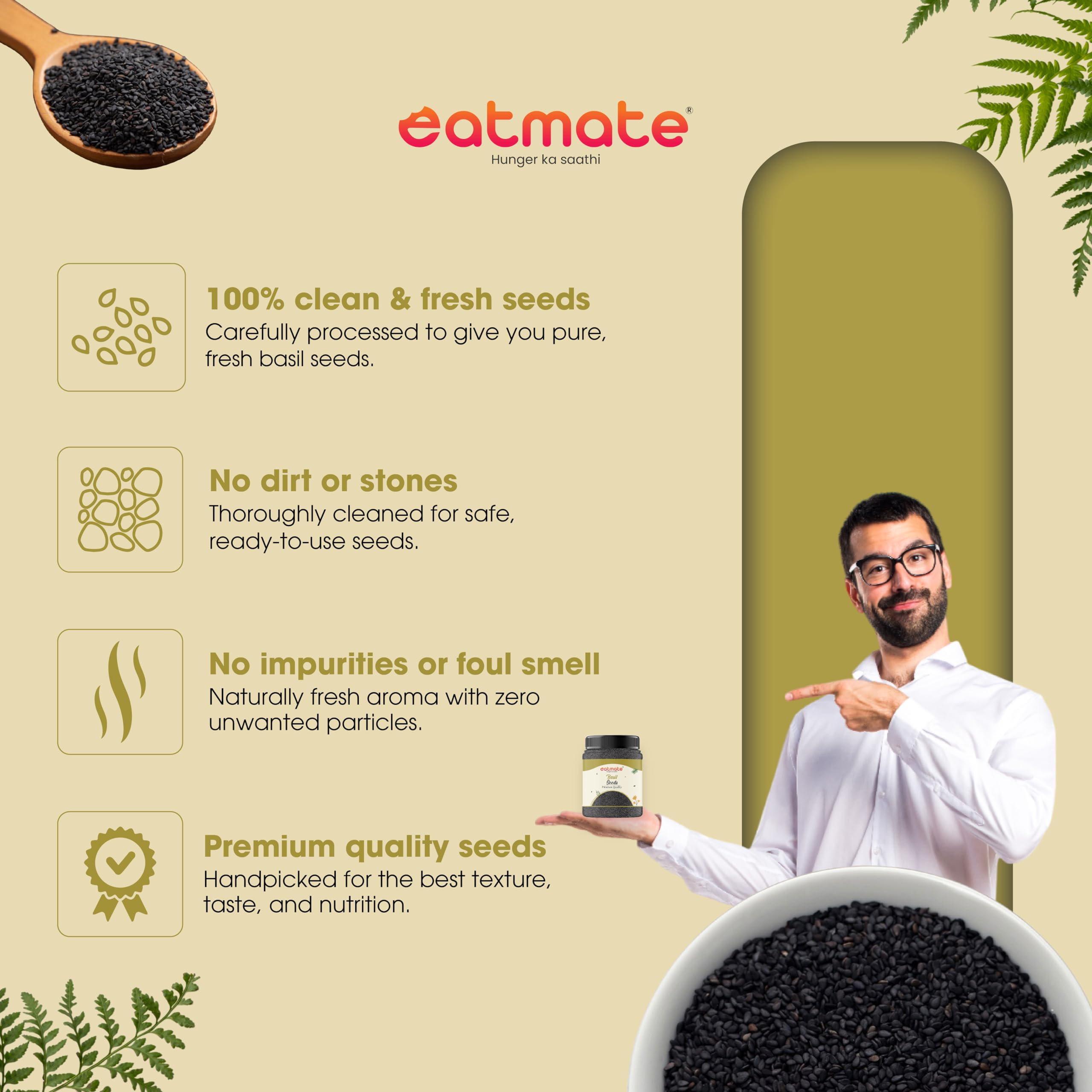 Eatmate Premium Basil Seeds Jar Pack | Raw Sabja Tukmaria Beej Rich in Fiber, Protein & Minerals | Natural Low-Calorie Seeds for Drinks, Desserts & Healthy Recipes (1 KG) 4