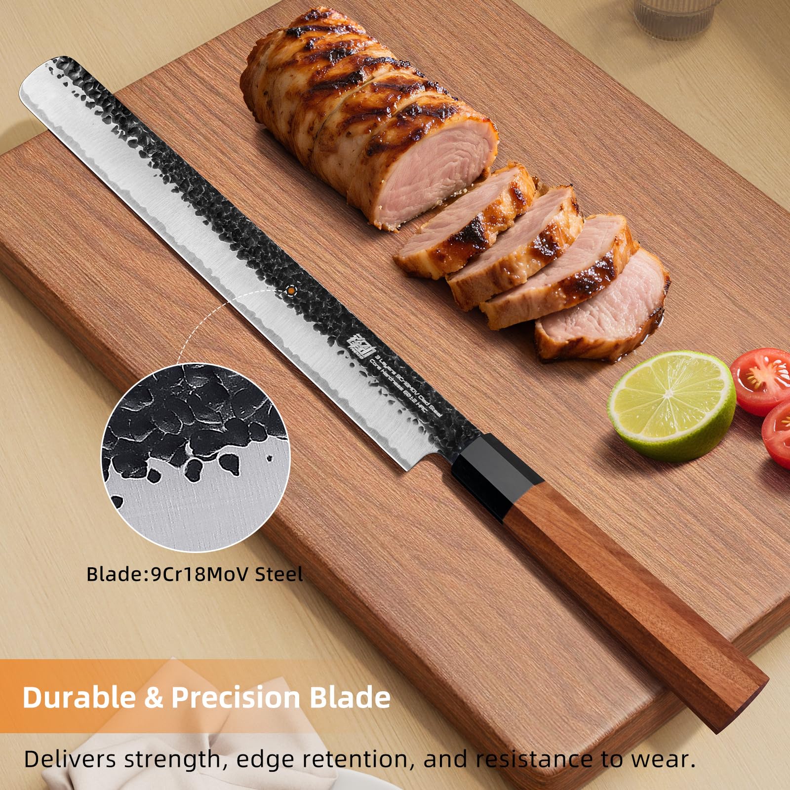 FINDKING Couteau à Jambon 12 Pouces (31 cm), Lame Tranchante en Acier Carbone 9Cr18MoV, Parfait pour la Découpe de Viande, Idéal pour le Barbecue, Série Dynasty