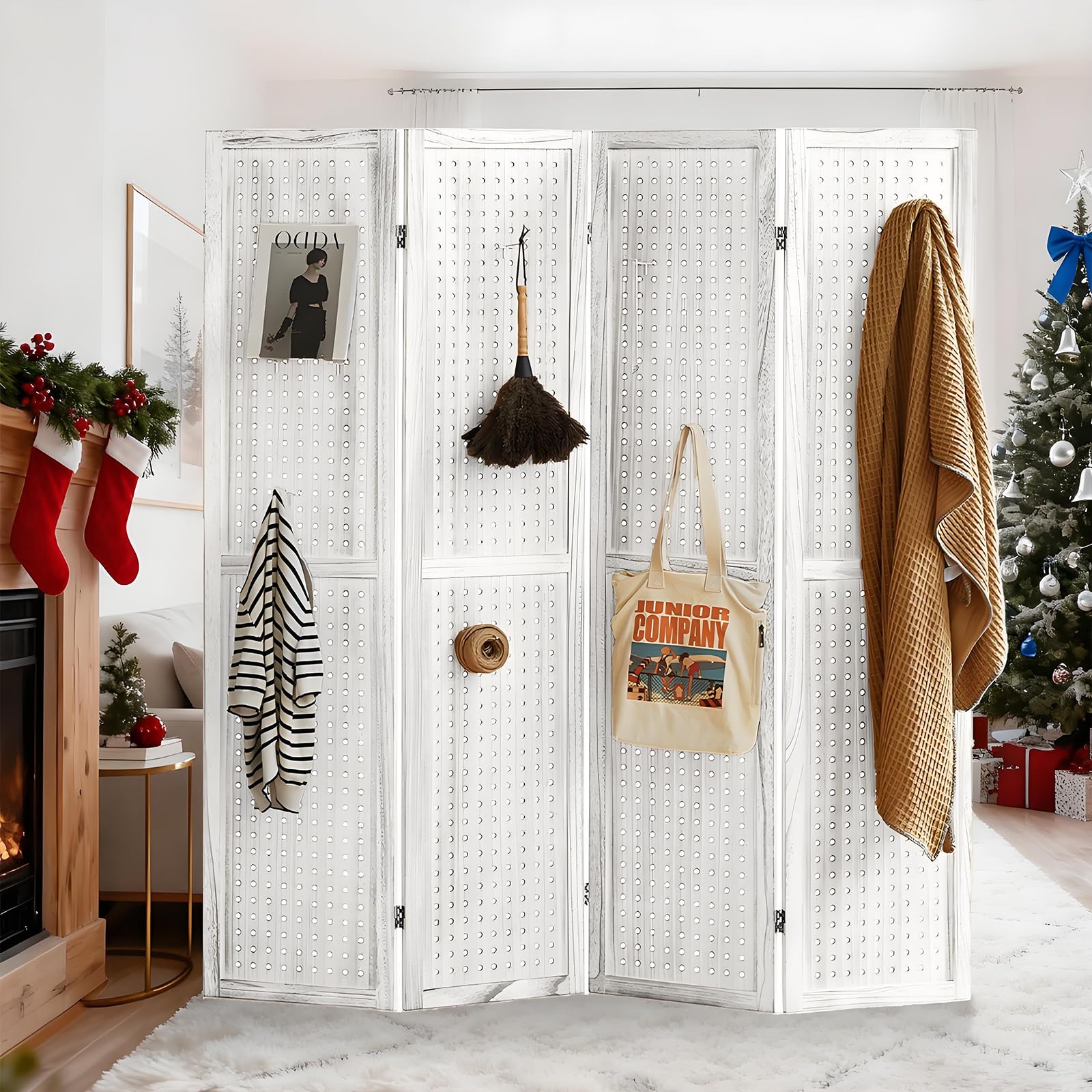 Leesinwing Pegboard Room Divider 4 Panel, Folding Privacy Screens, 5.6Ft Wooden Pegboard Display, Privacy Dividers for Bedroom, Portable Dispxlay