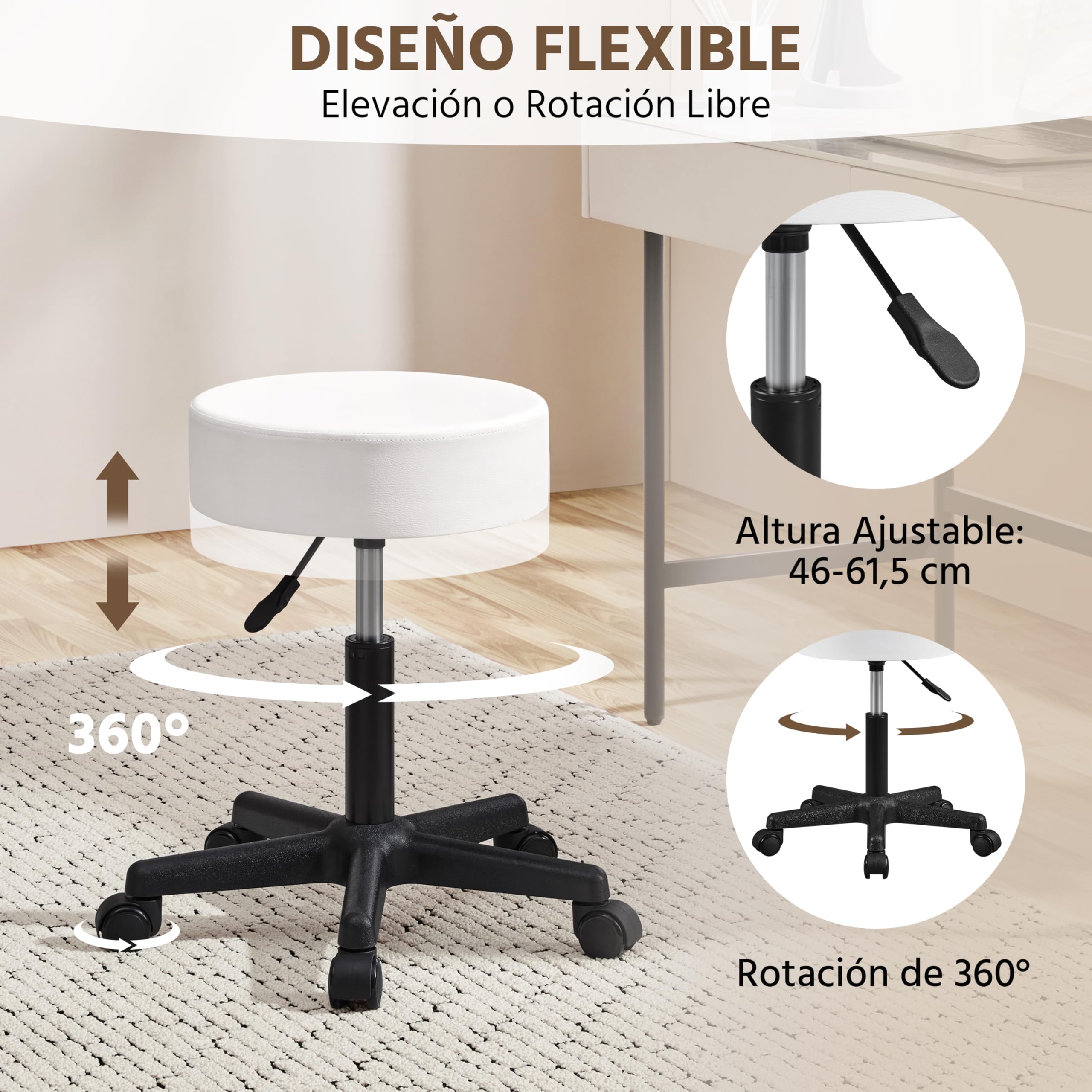 Yaheetech Taburete Giratorio sobre Ruedas, Taburete Rodante Regulable, 46-61.5 cm,Asiento Tapizado de Polipiel Sintético,para Hogar Oficina,Estudio,Tatuajes Salón,Masajes Centro,Belleza,Blanco