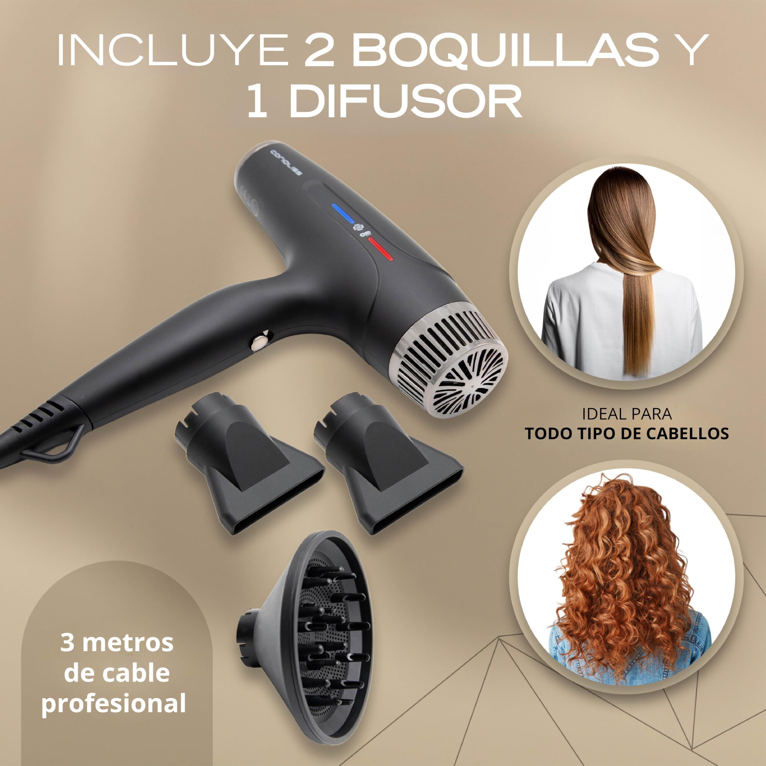 Corioliss Typhoon Secador de Pelo Profesional | Silencioso | Motor BLDC 2400W | Ligero 417 Gr. | Potente | Iónico Antifrizz | Difusor y 2 Boquillas | Black Chrome