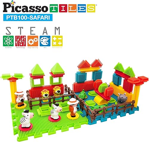 Miniatura 3 de PicassoTiles PTB100 - Juego de 100 piezas de bloques de construcción 3D con bloqueo de cerdas, juego temático de safari, juego de aprendizaje, juego